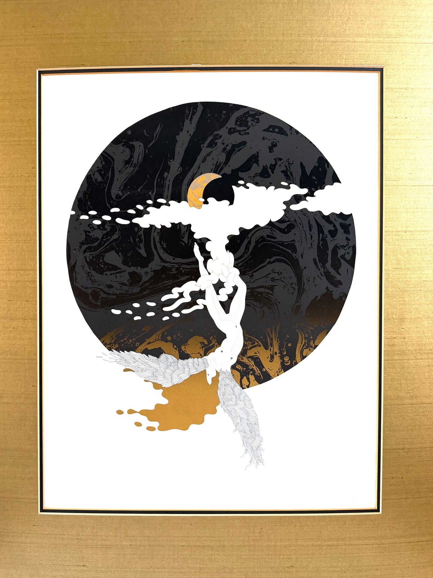 Moon Limited Edition Lithograph Signed, Titled, Dated, Numbered in Pencil Gouache featuring a stylized black circular illustration a small gold crescent moon, and a white figure, a brushed gold Mat.