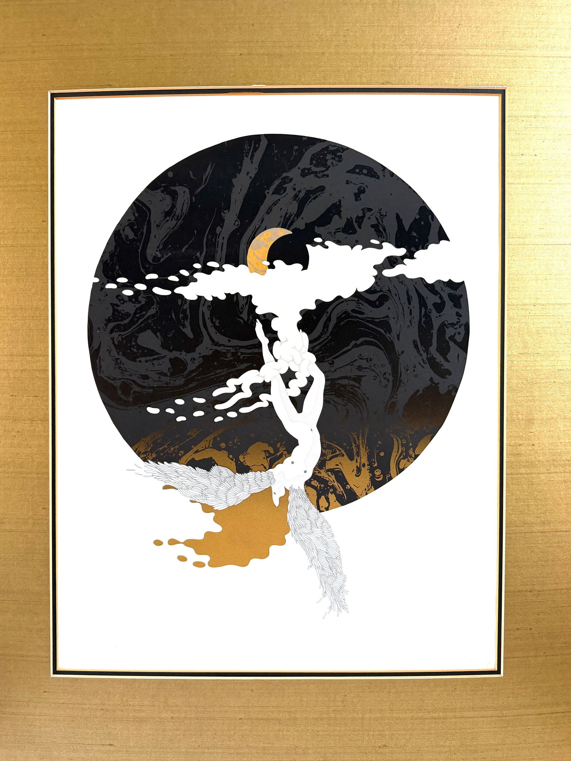 Moon Limited Edition Lithograph Signed, Titled, Dated, Numbered in Pencil Gouache featuring a stylized black circular illustration a small gold crescent moon, and a white figure, a brushed gold Mat.