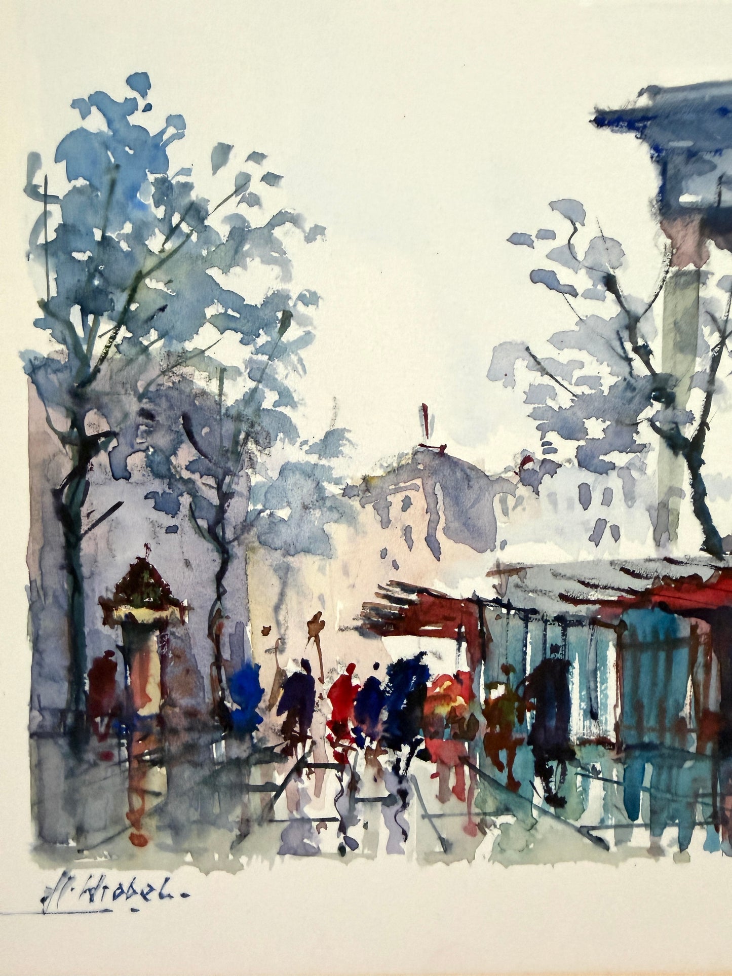 Franz Herbelt French Watercolor Gouache Featuring Paris Streen Scene