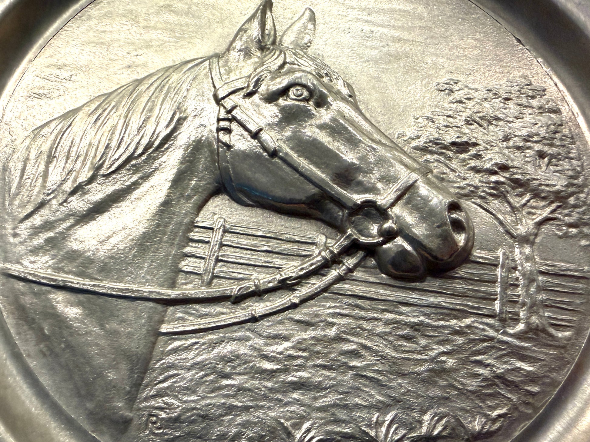 Germany Pewter Ribbed Horse Head Relief Wall Plate SKS Zinn Design