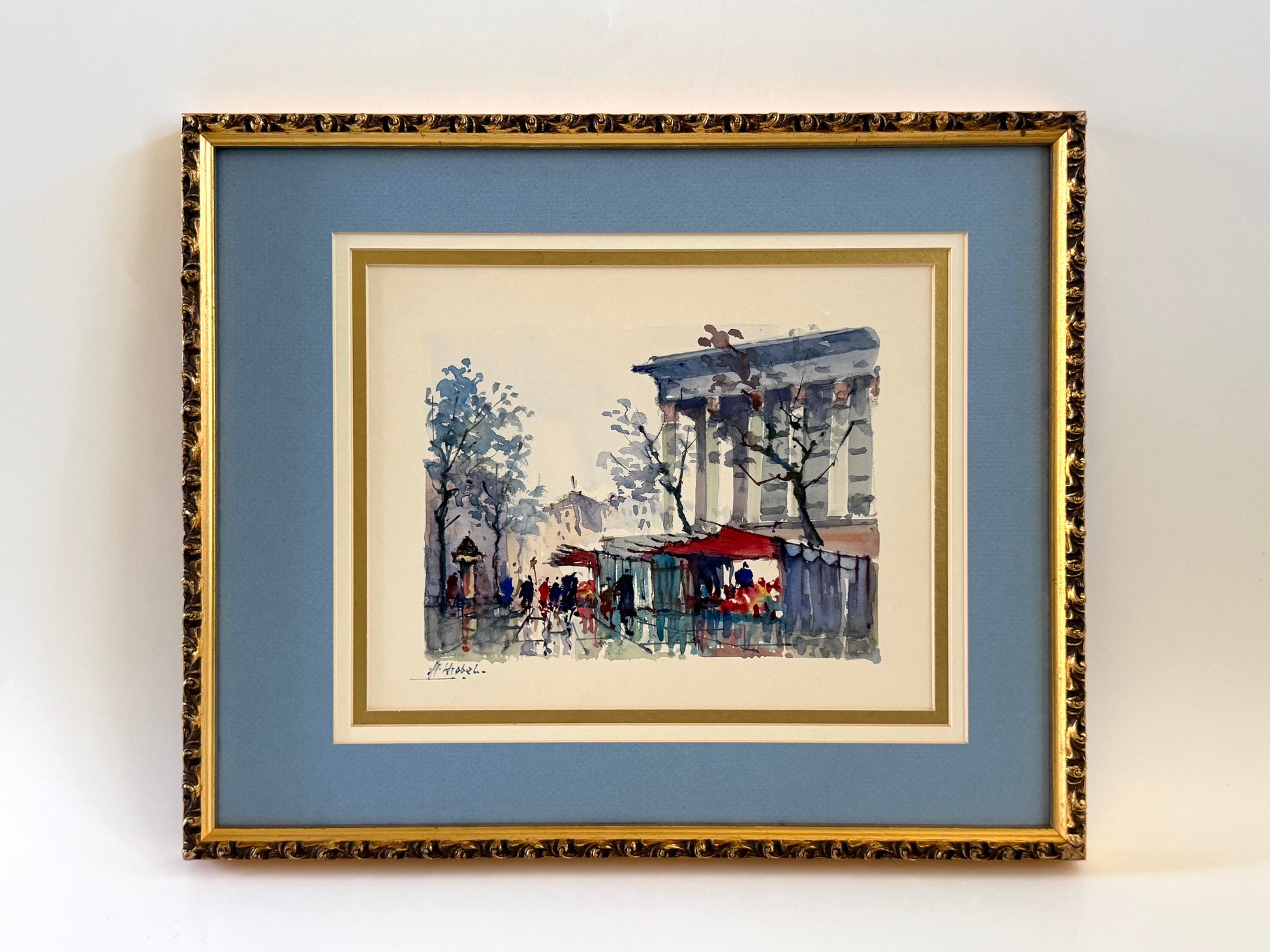Franz Herbelt French Watercolor Gouache Featuring Paris Streen Scene