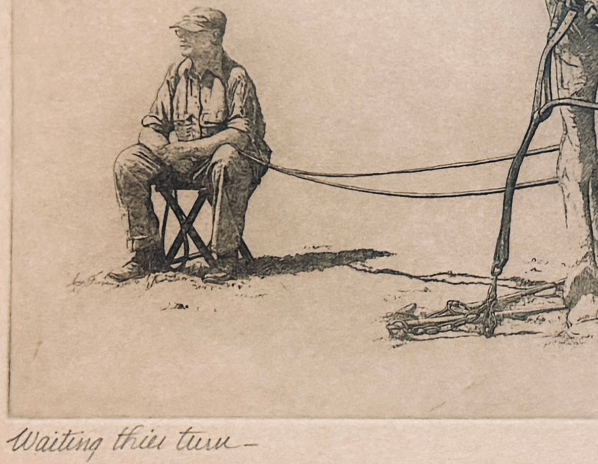Man sitting on a stool with a horse and cart in the background, labeled 'Waiting this turn'.
