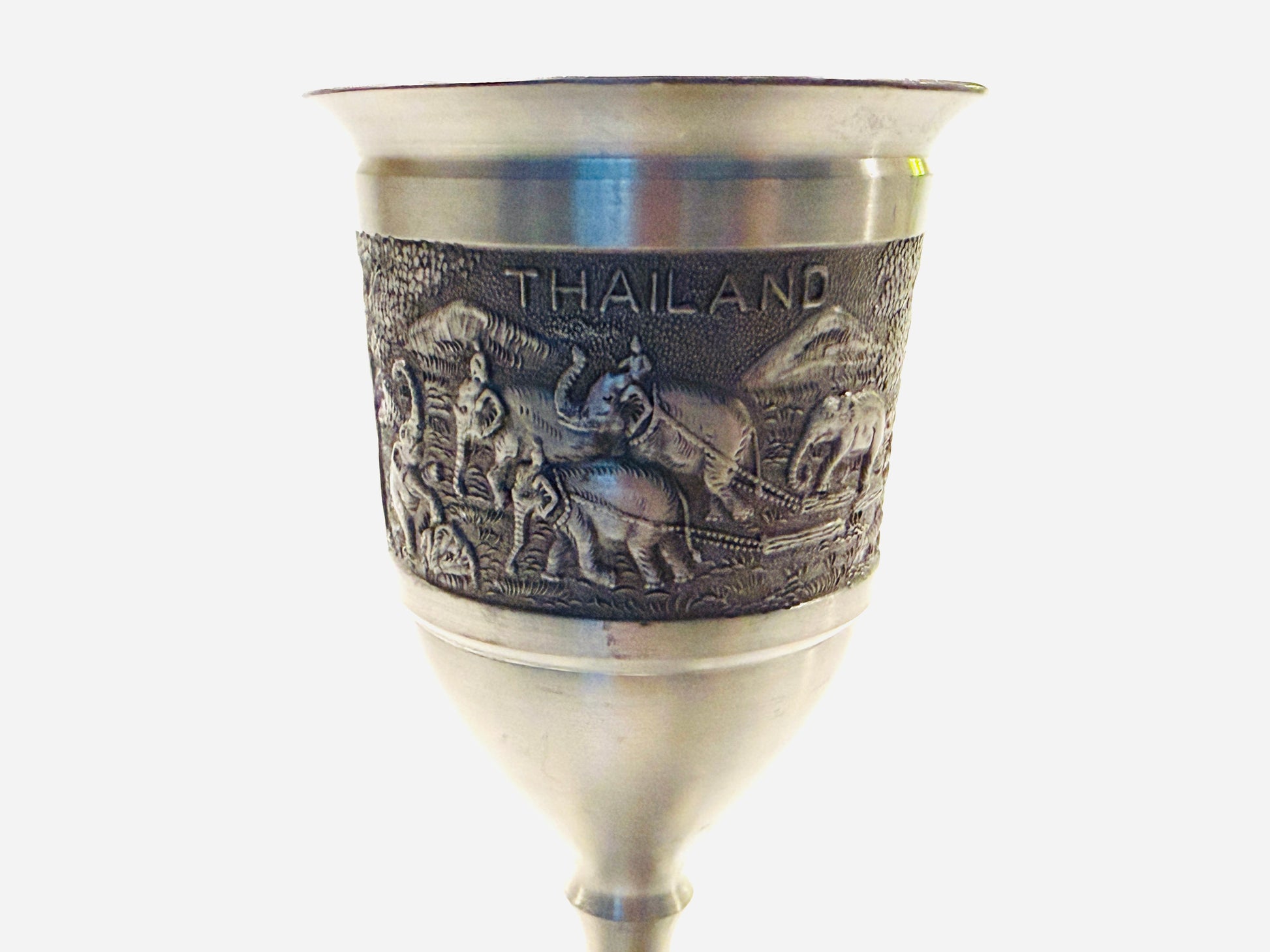 Kajit Thailand Pewter Outdoor Scene Elephants Stemware Cordial Goblet Hallmarked