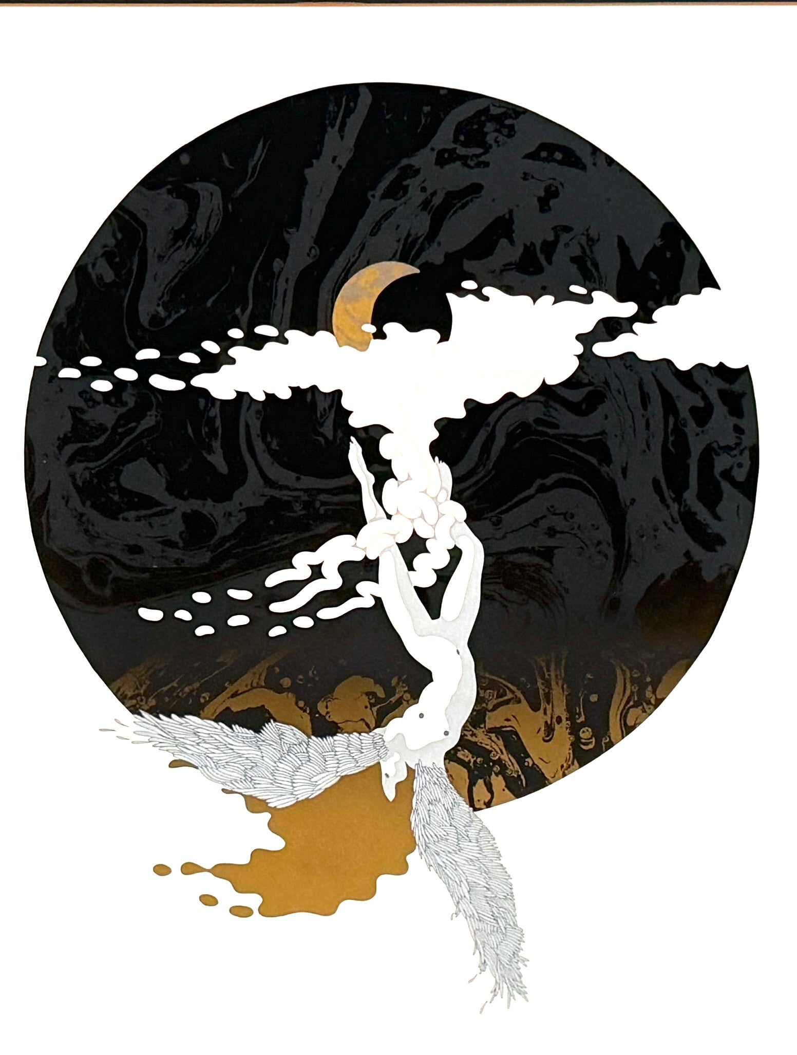 Moon Limited Edition Lithograph Signed, Titled, Dated, Numbered in Pencil Gouache featuring a stylized black circular illustration a small gold crescent moon, and a white figure, a brushed gold Mat.