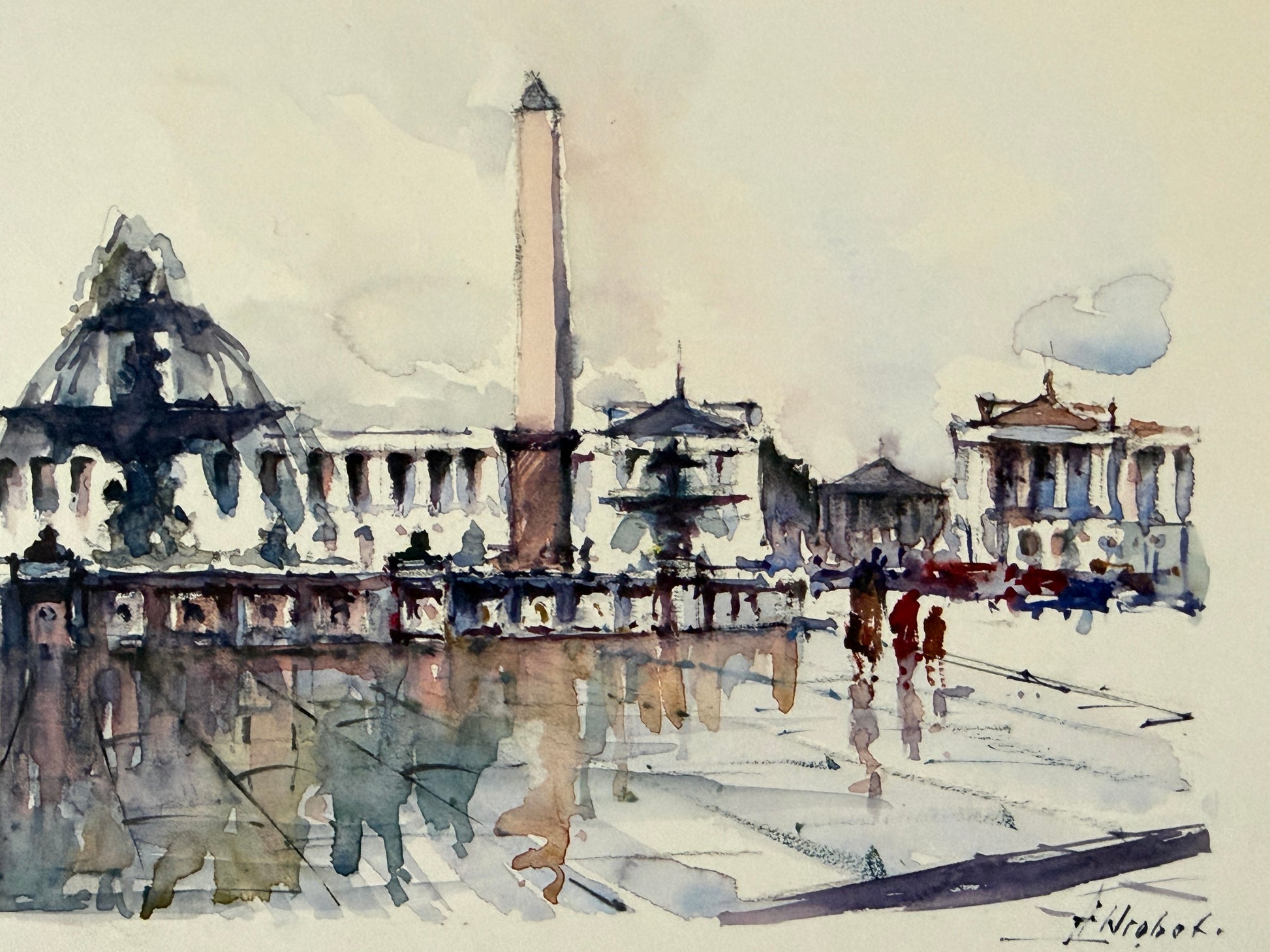 Franz Herbelt Paris Place De La Concorde Signed Framed Cityview Watercolor Gouache