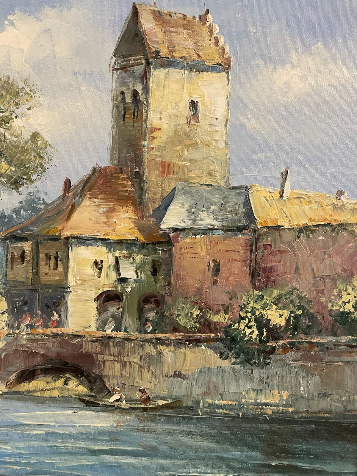 Xavier Rabous Village Scene Fisherman Houseboat and River Signed Oil on Canvas