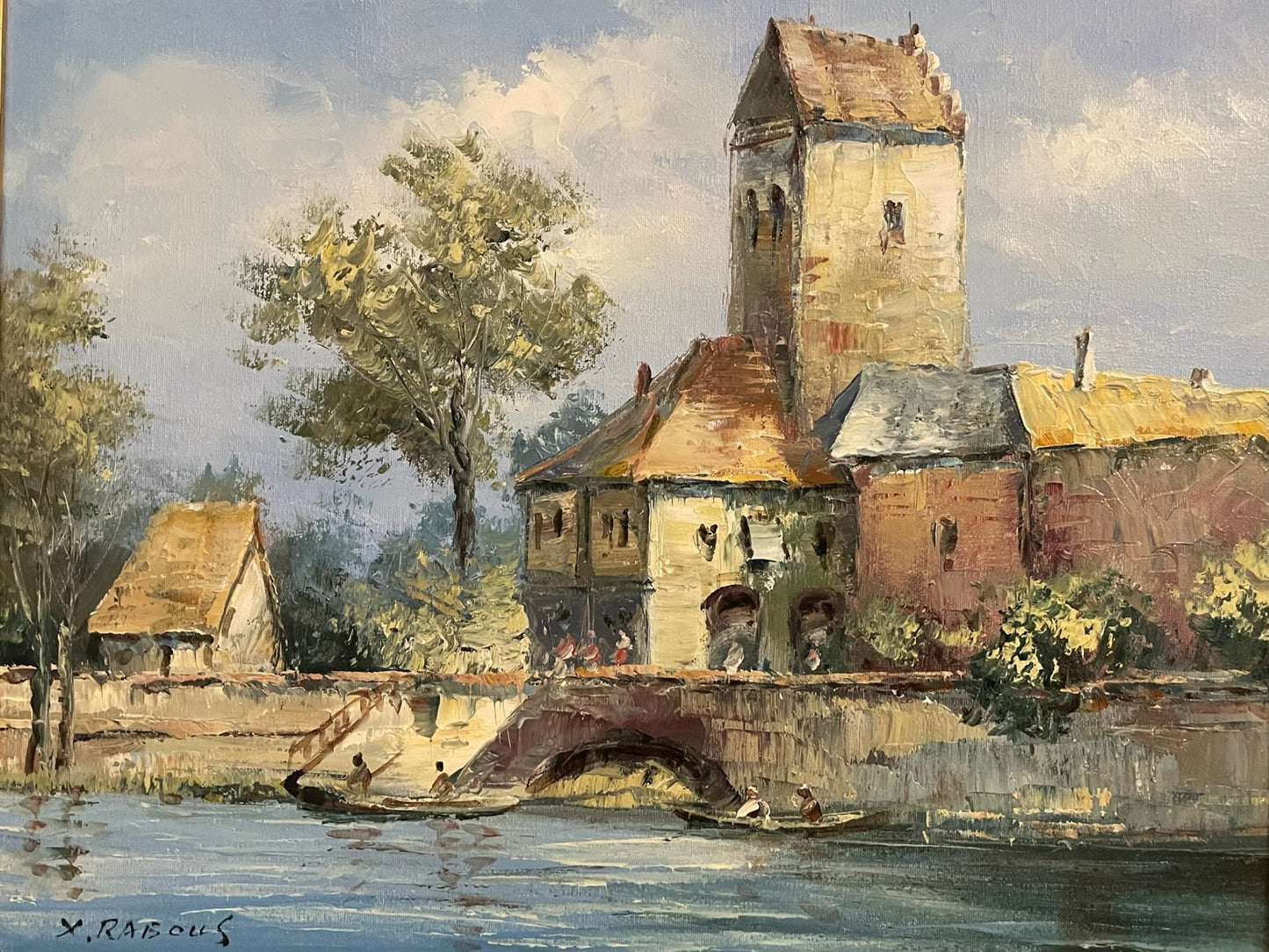 Xavier Rabous Village Scene Fisherman Houseboat and River Signed Oil on Canvas