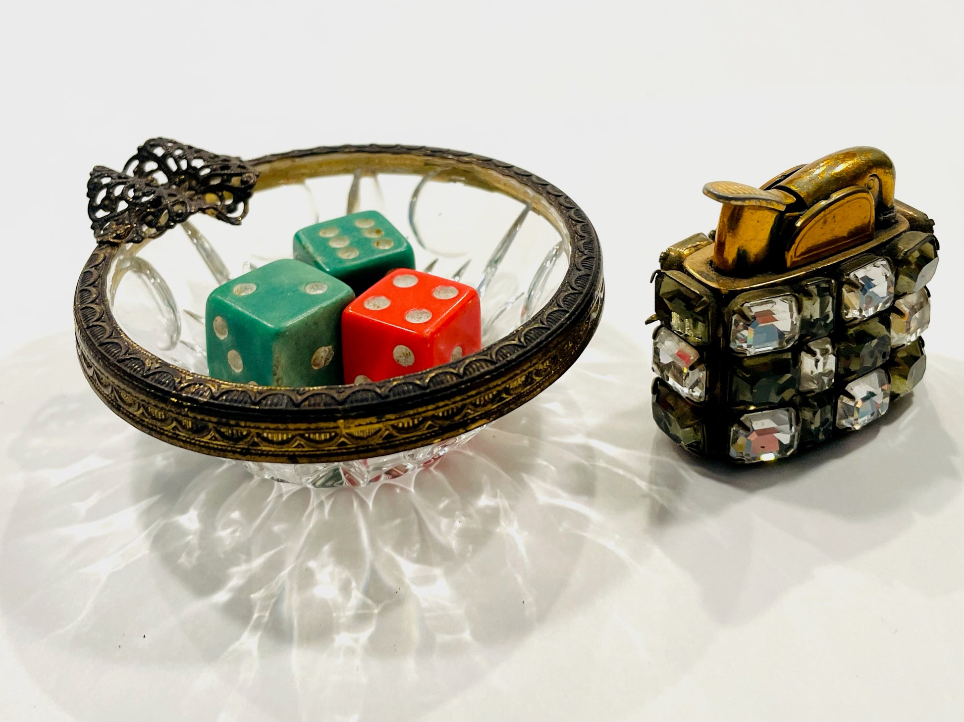 Evans Cabochon Mount Miniature Lighter French Glass Filigree Bronze Ashtray