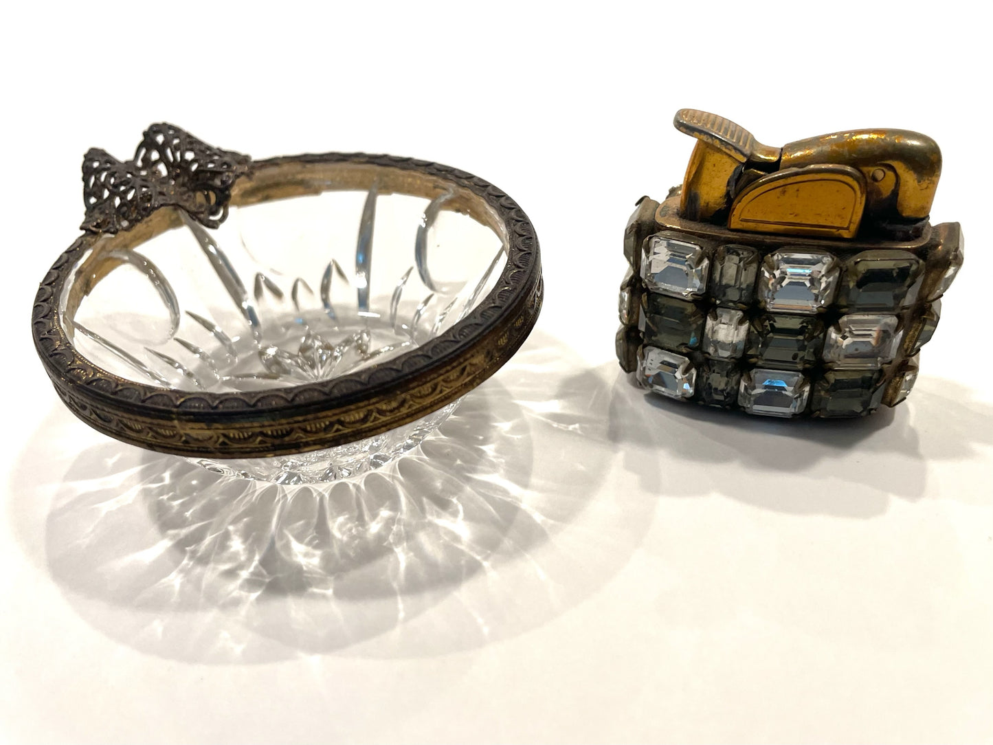 Evans Cabochon Mount Miniature Lighter French Glass Filigree Bronze Ashtray