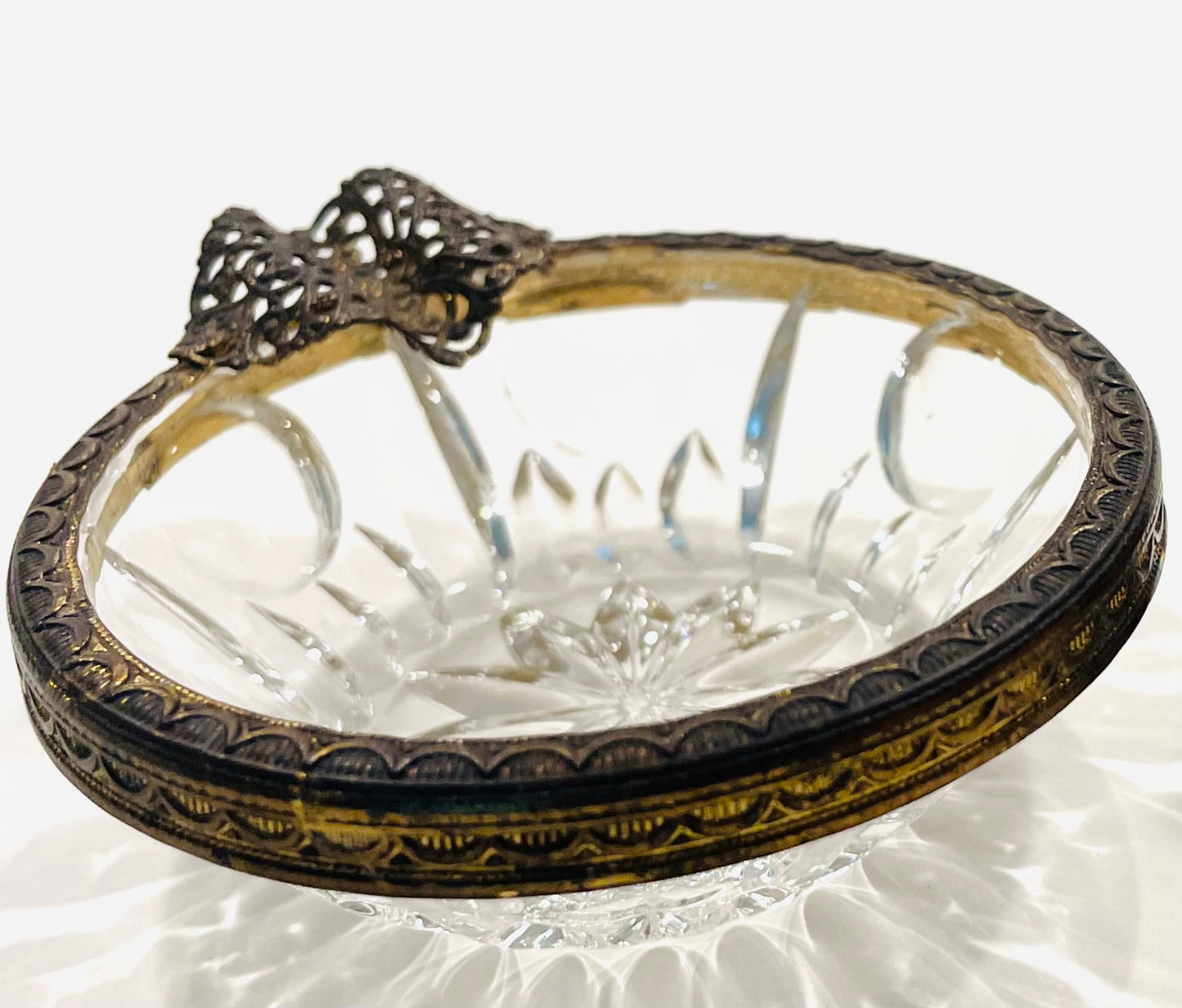 Evans Cabochon Mount Miniature Lighter French Glass Filigree Bronze Ashtray