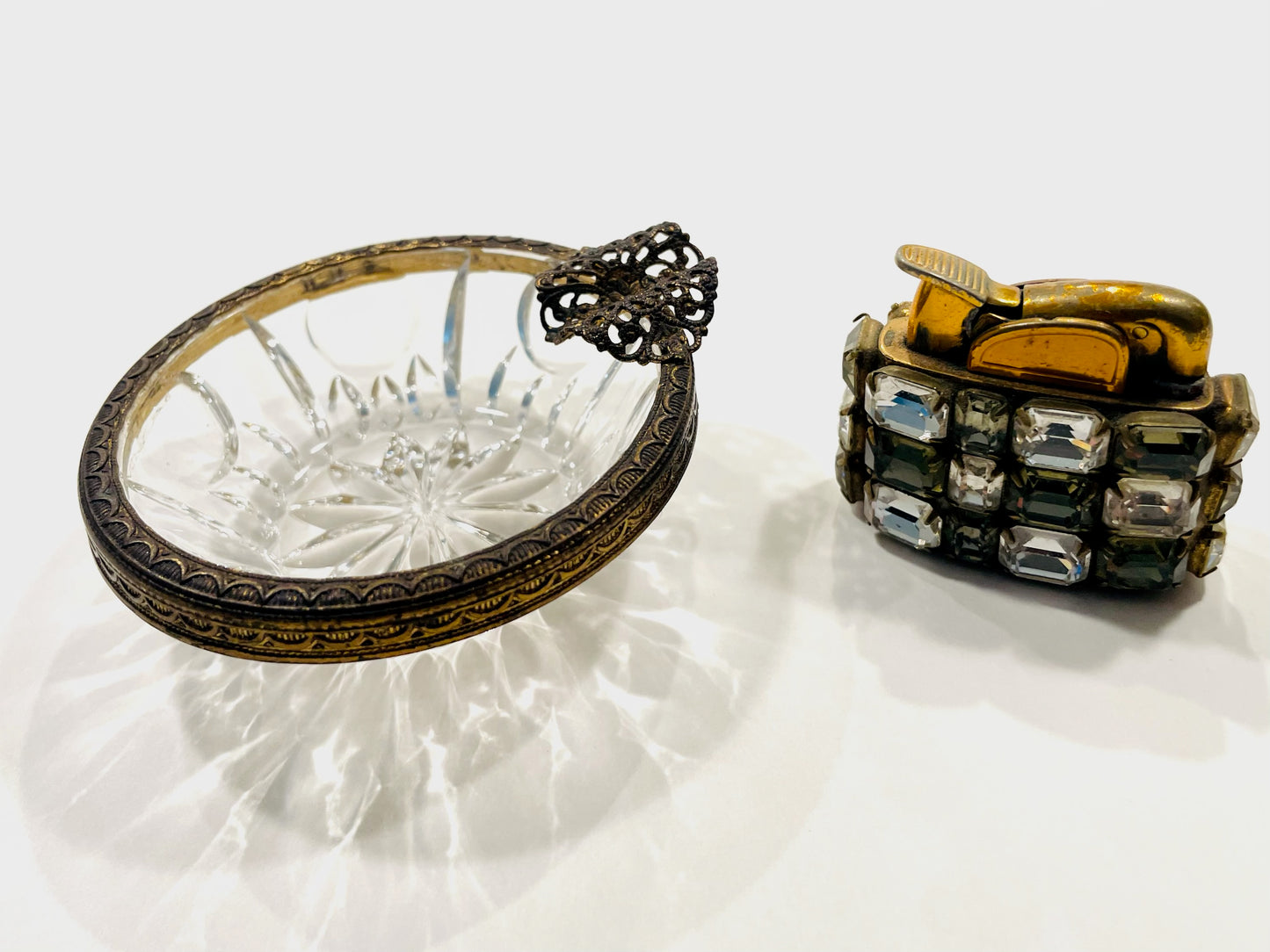 Evans Cabochon Mount Miniature Lighter French Glass Filigree Bronze Ashtray