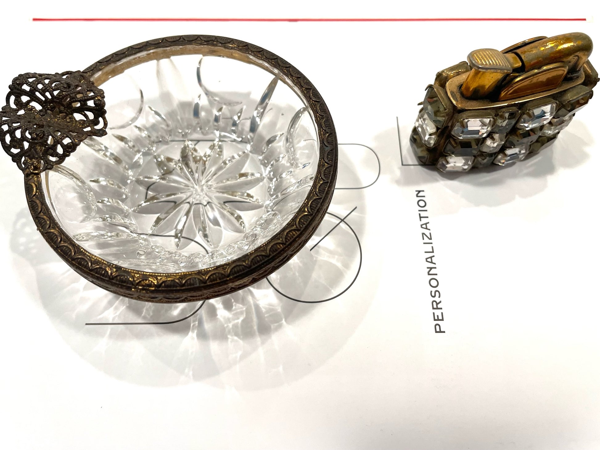 Evans Cabochon Mount Miniature Lighter French Glass Filigree Bronze Ashtray