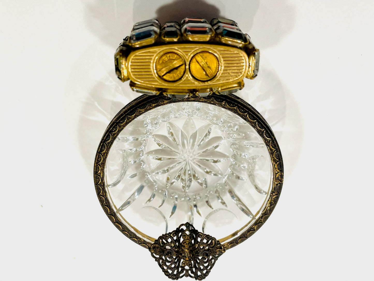 Evans Cabochon Mount Miniature Lighter French Glass Filigree Bronze Ashtray