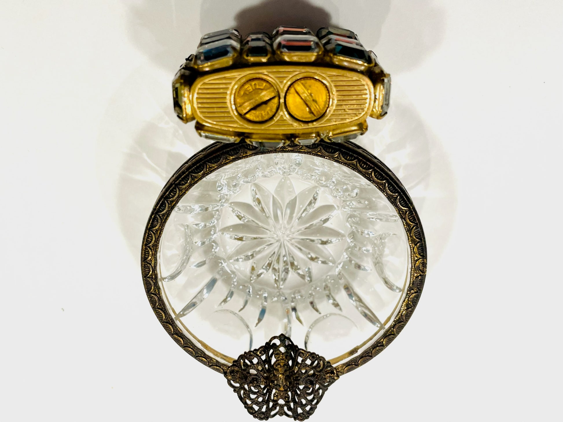 Evans Cabochon Mount Miniature Lighter French Glass Filigree Bronze Ashtray