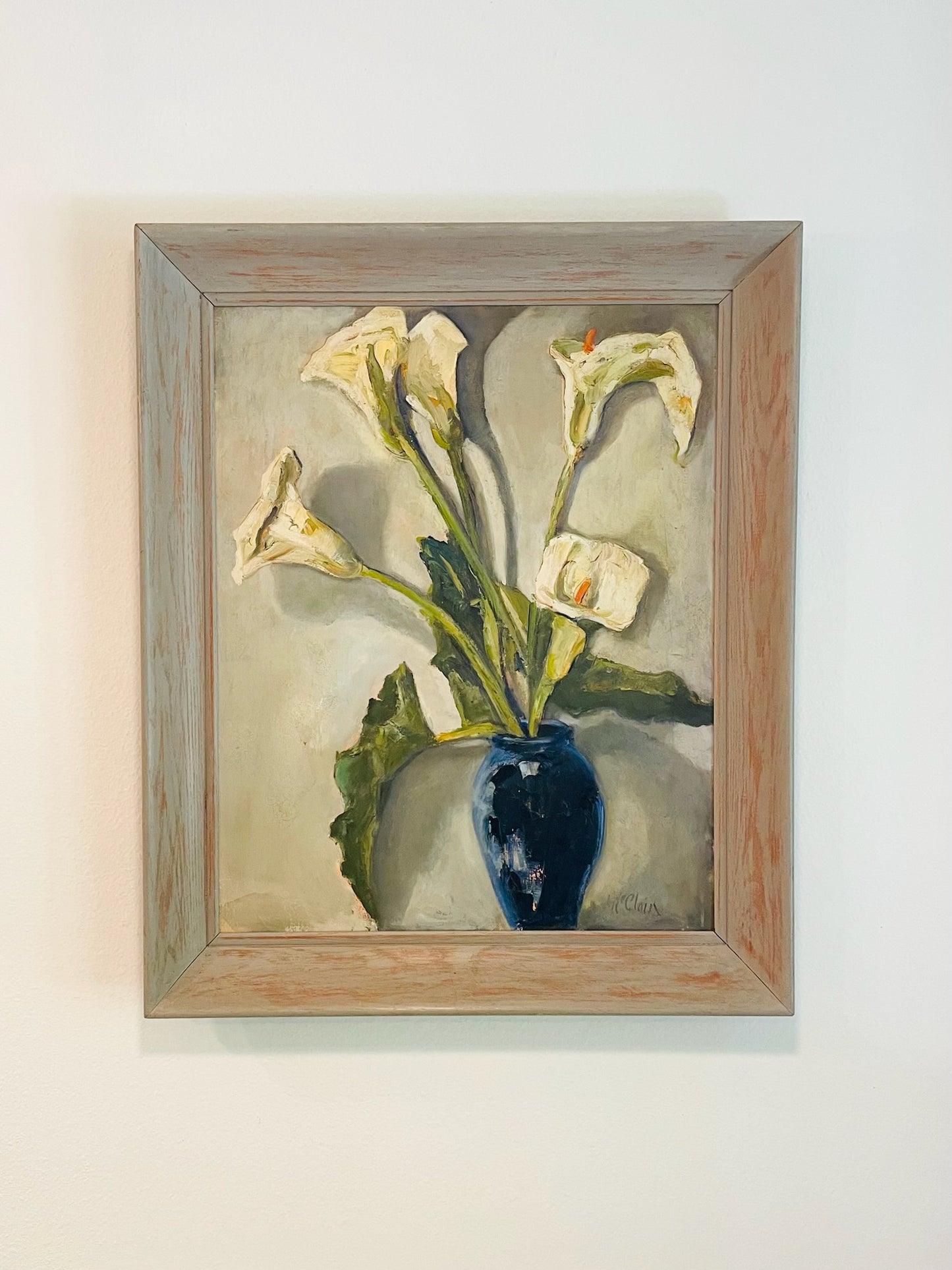 Helen McClain Ojai California Still Life Calla Lily In Blue Pot Oil On Canvas Panel