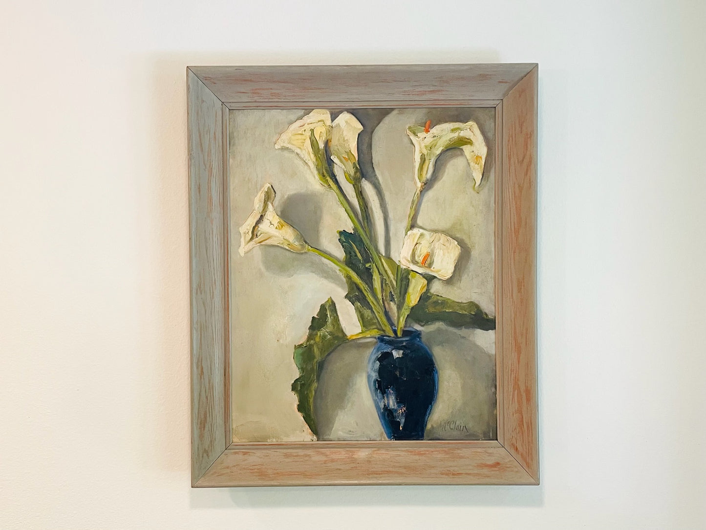 Helen McClain Ojai California Still Life Calla Lily In Blue Pot Oil On Canvas Panel
