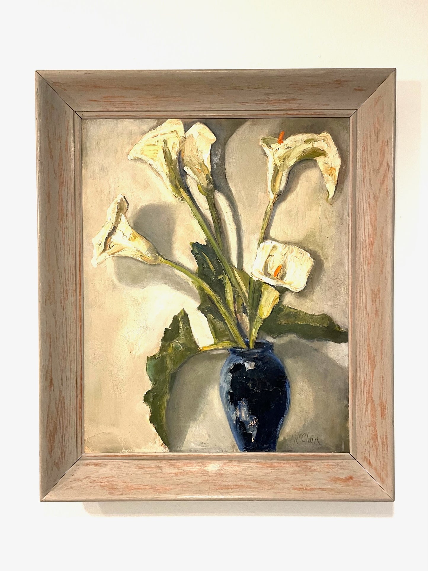 Helen McClain Ojai California Still Life Calla Lily In Blue Pot Oil On Canvas Panel