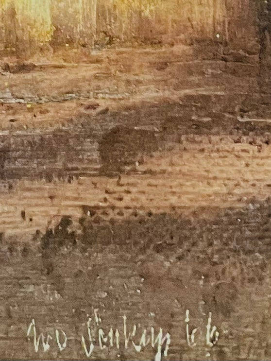 Close-up of a textured surface with brush strokes and a signature at the bottom.