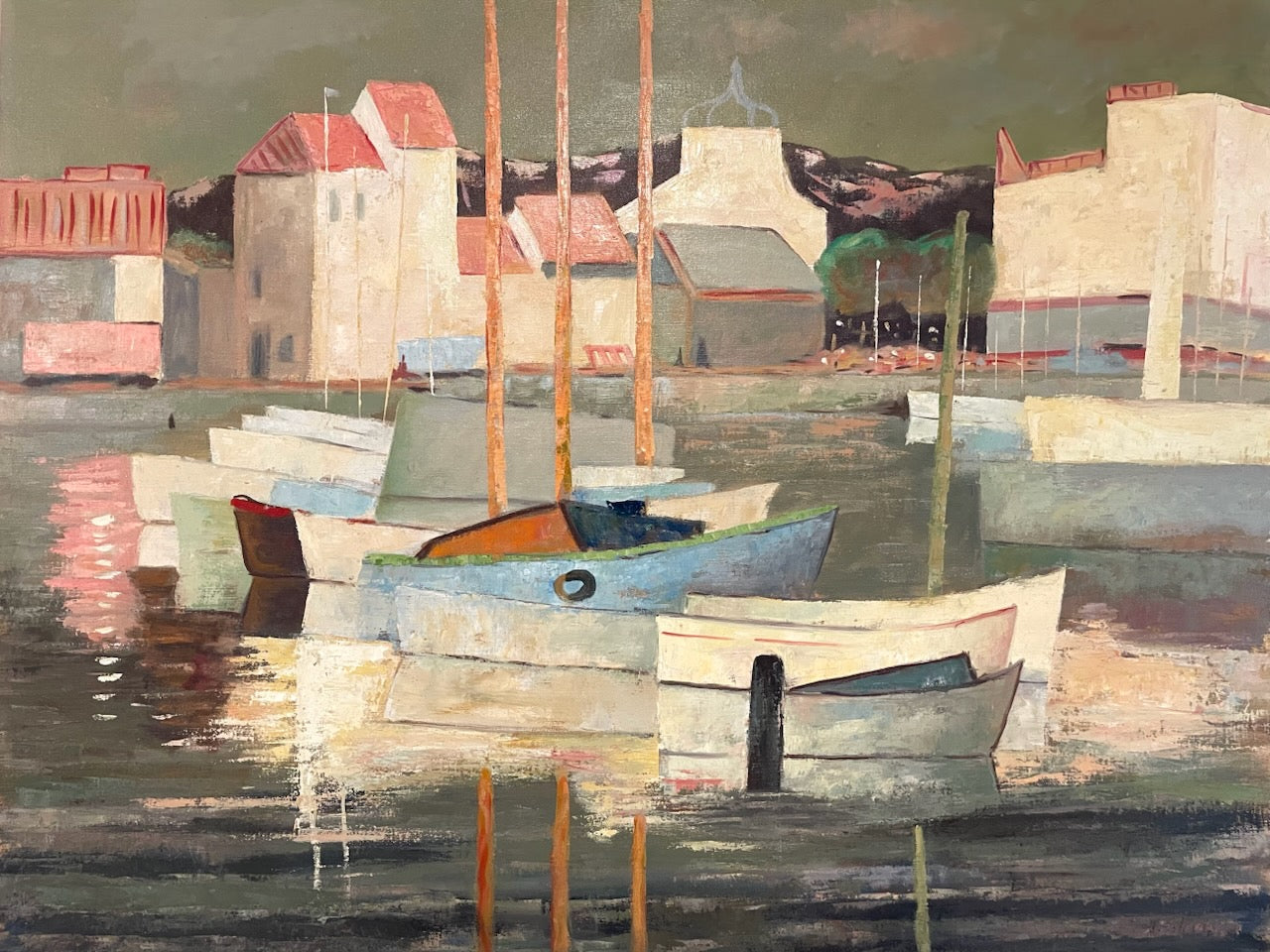 Pierre Palue French Marine Fishing Boats Signed Oil On Canvas