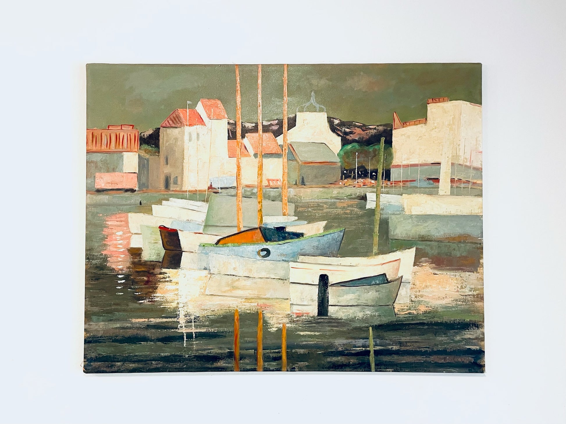 Pierre Palue French Marine Fishing Boats Signed Oil On Canvas Painting 