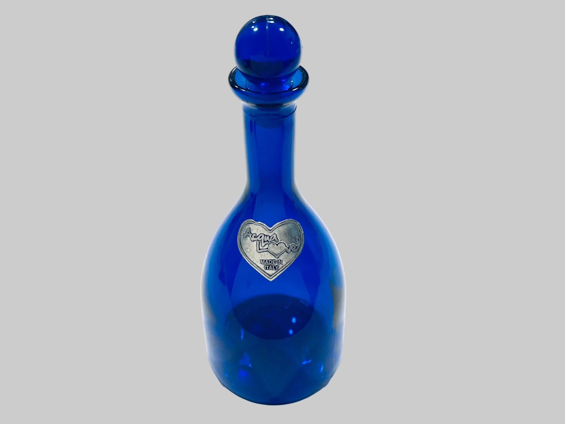 Aqua Love Cobalt Glass Bottle Made In Italy With Silver Heart Label 