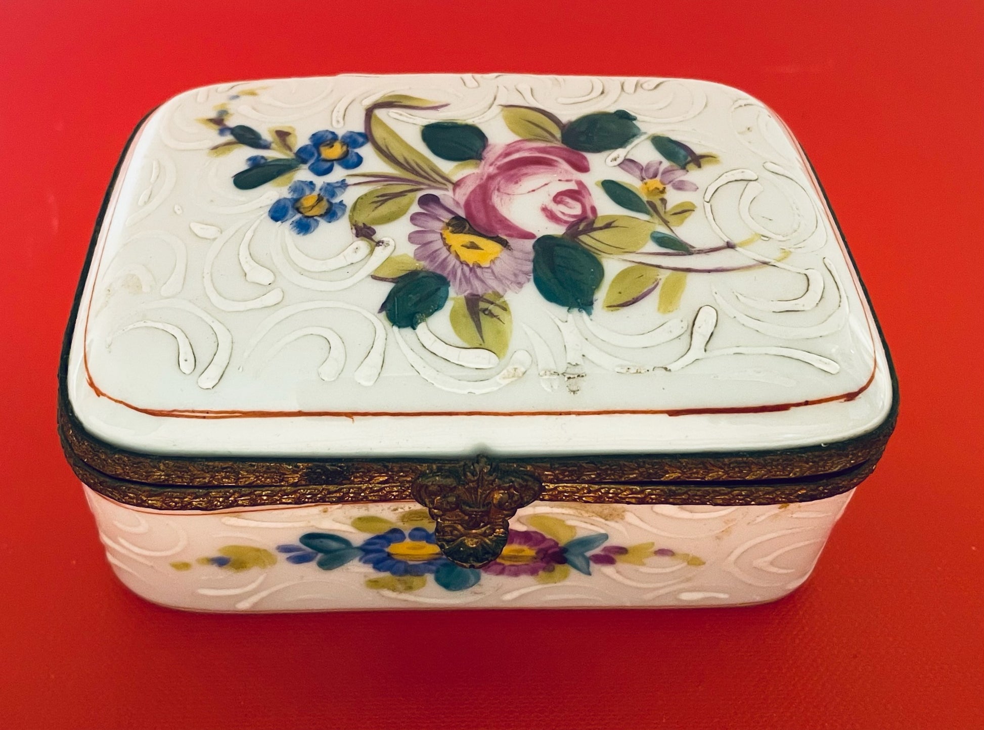 France Handpainted Enameled Floral Antique Porcelain Box Bronze Frame