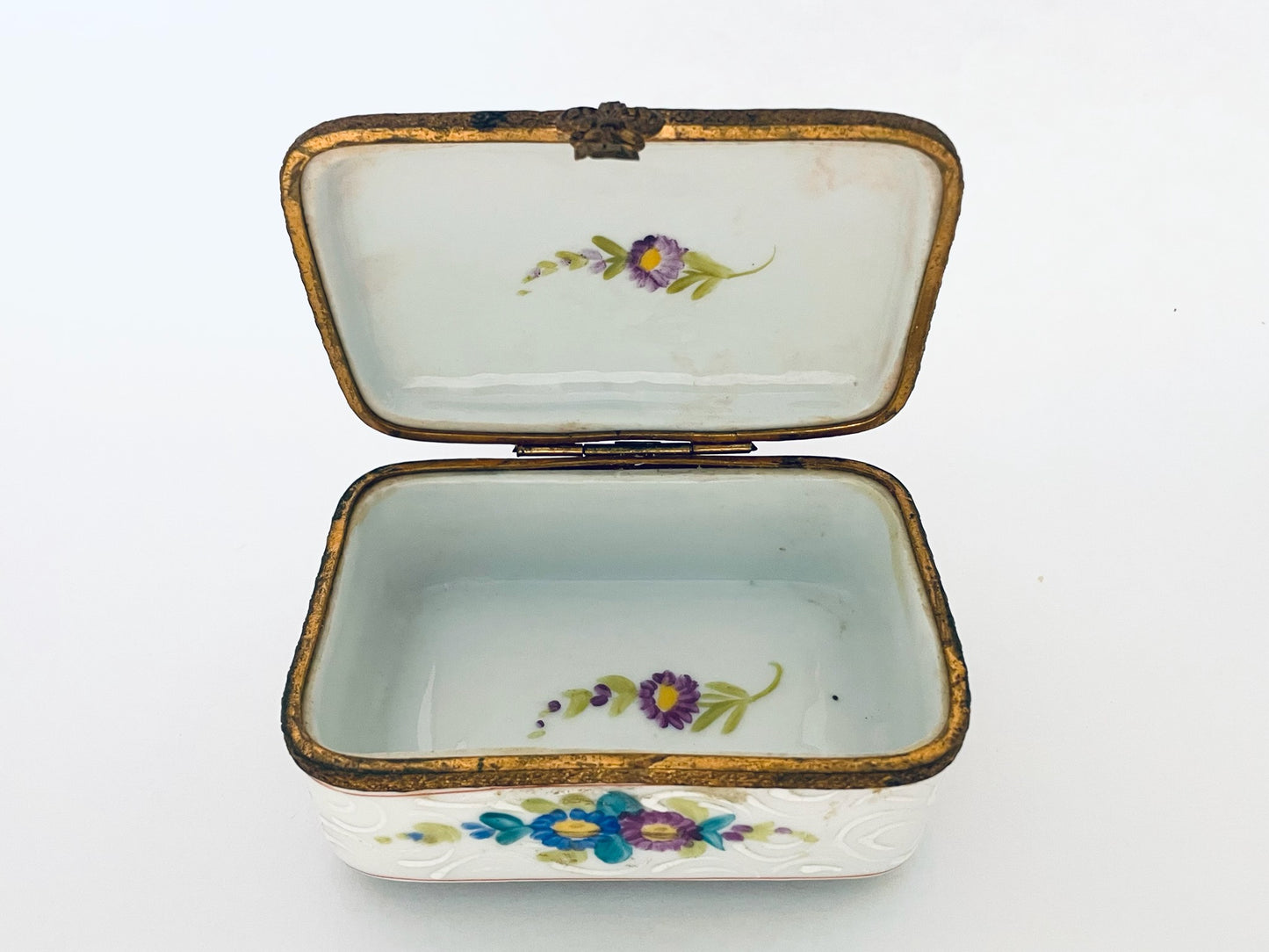 France Handpainted Enameled Floral Antique Porcelain Box Bronze Frame