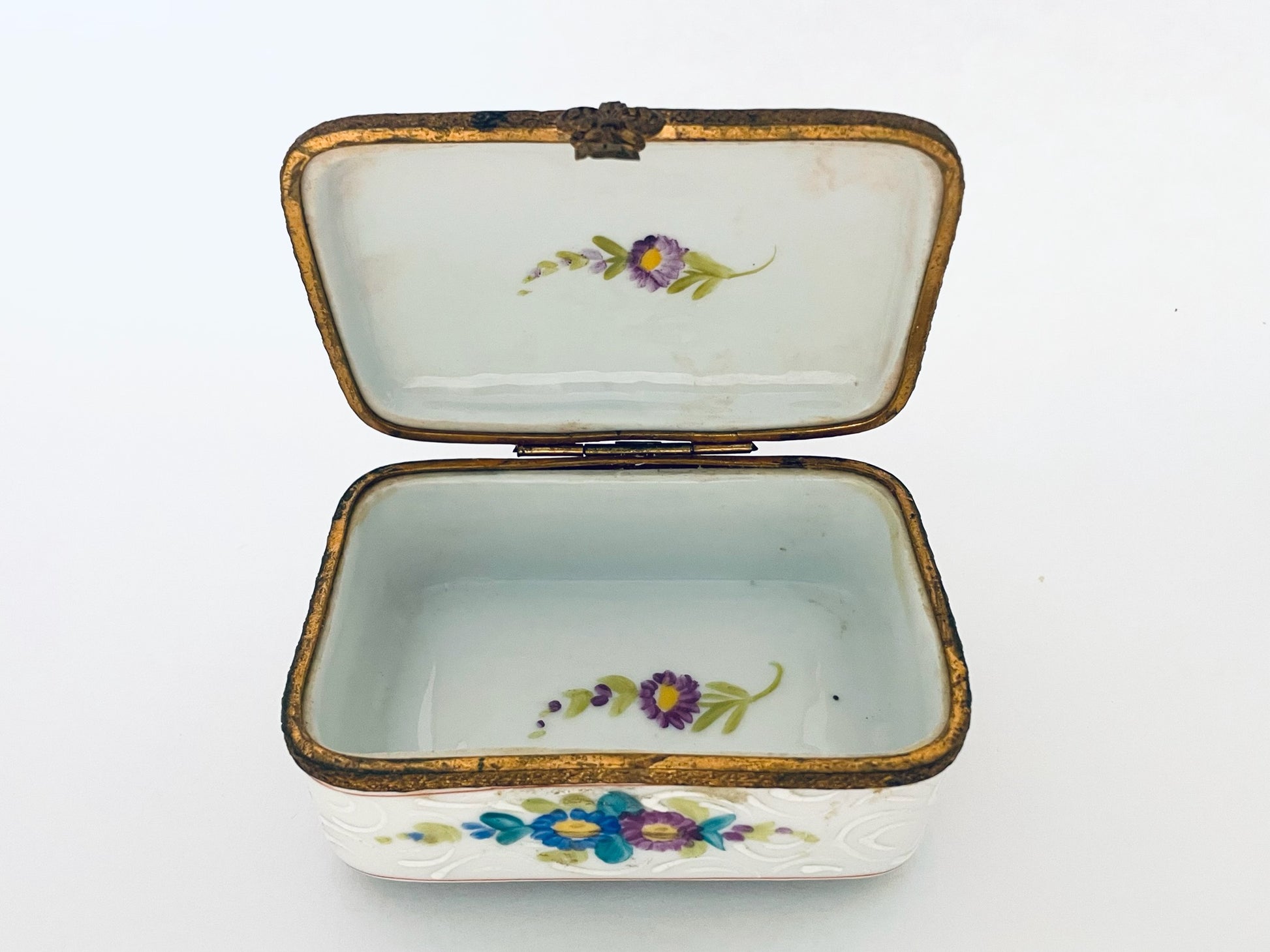 France Handpainted Enameled Floral Antique Porcelain Box Bronze Frame