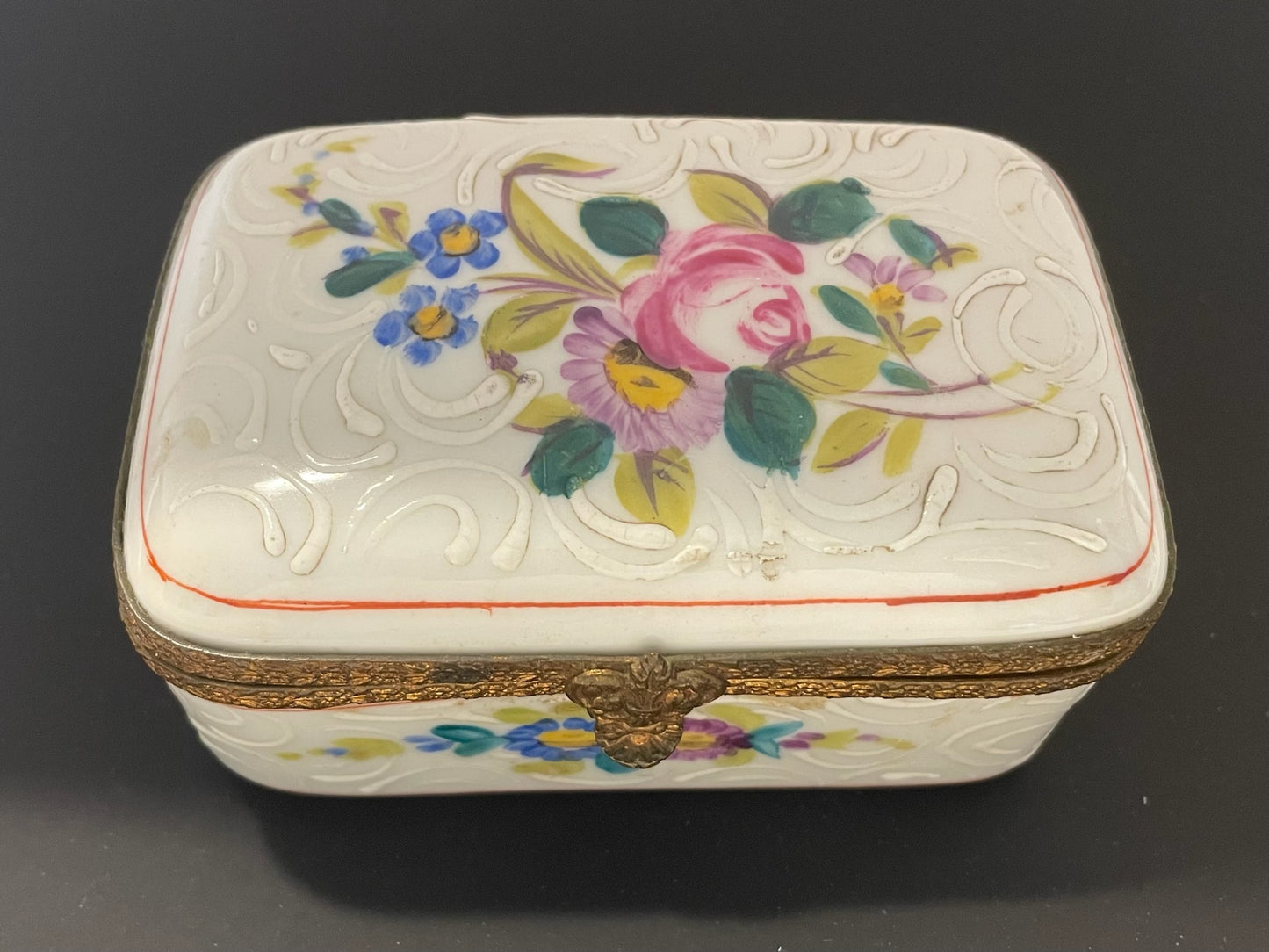 France Handpainted Enameled Floral Antique Porcelain Box Bronze Frame