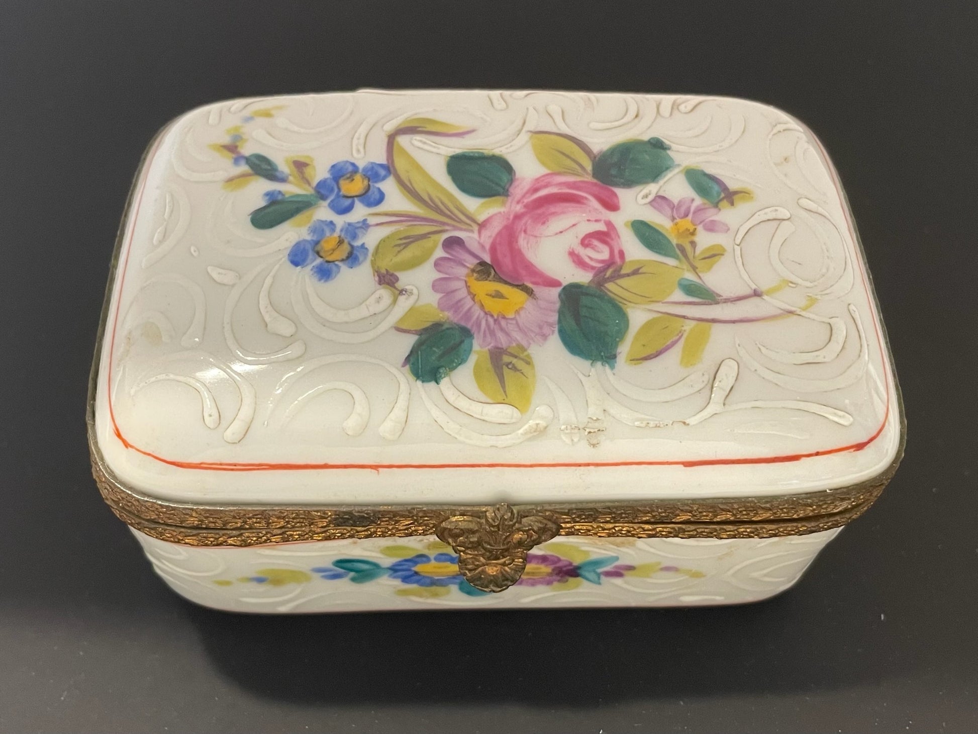 France Handpainted Enameled Floral Antique Porcelain Box Bronze Frame