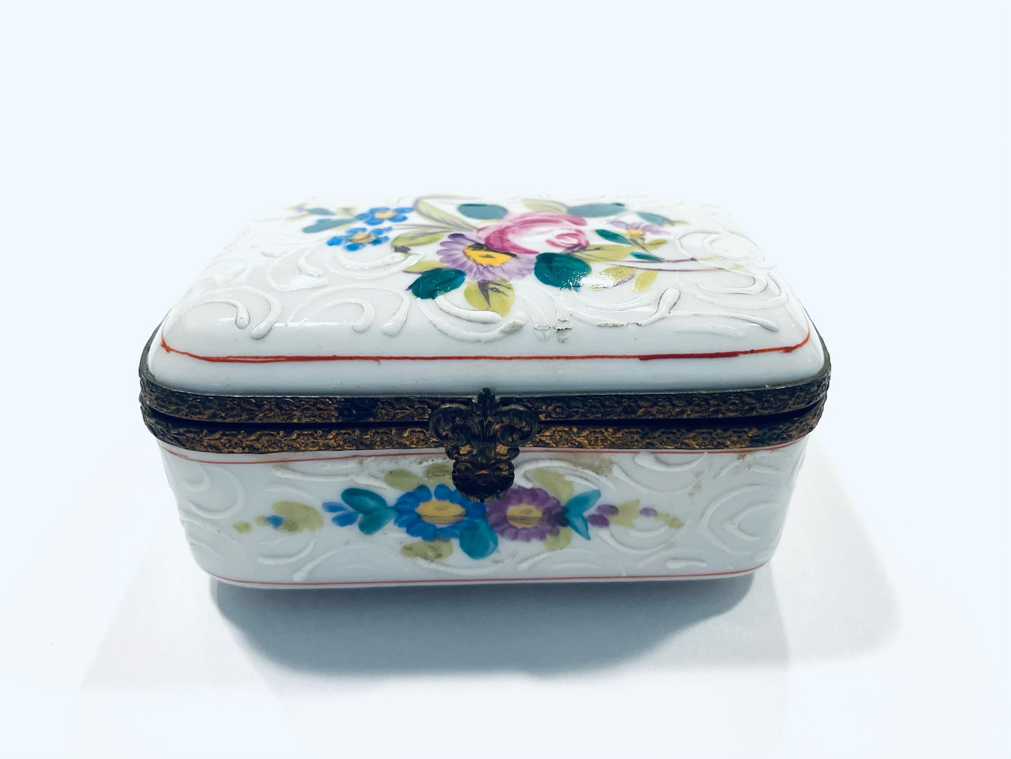 France Handpainted Enameled Floral Antique Porcelain Box Bronze Frame