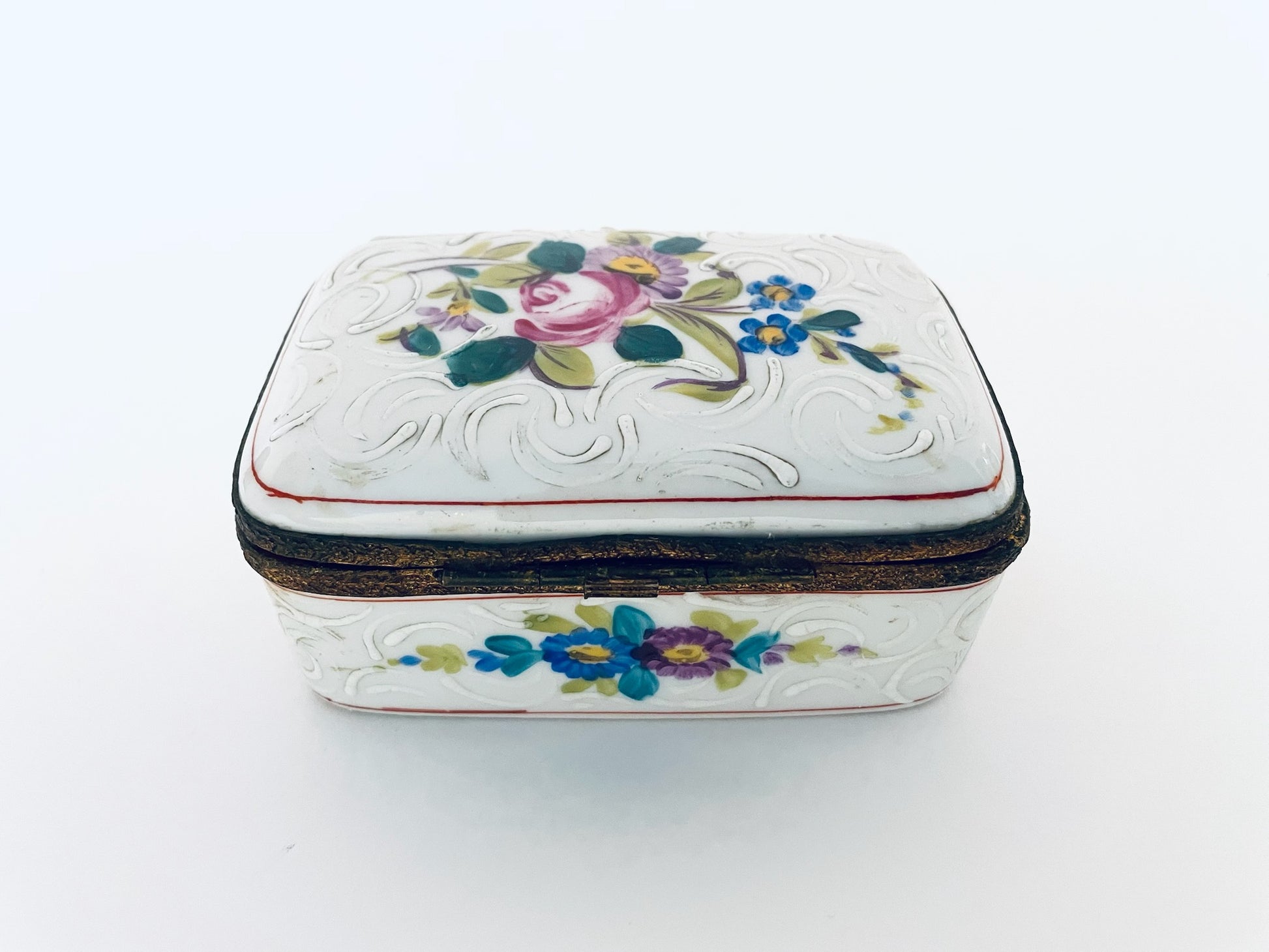 France Handpainted Enameled Floral Antique Porcelain Box Bronze Frame