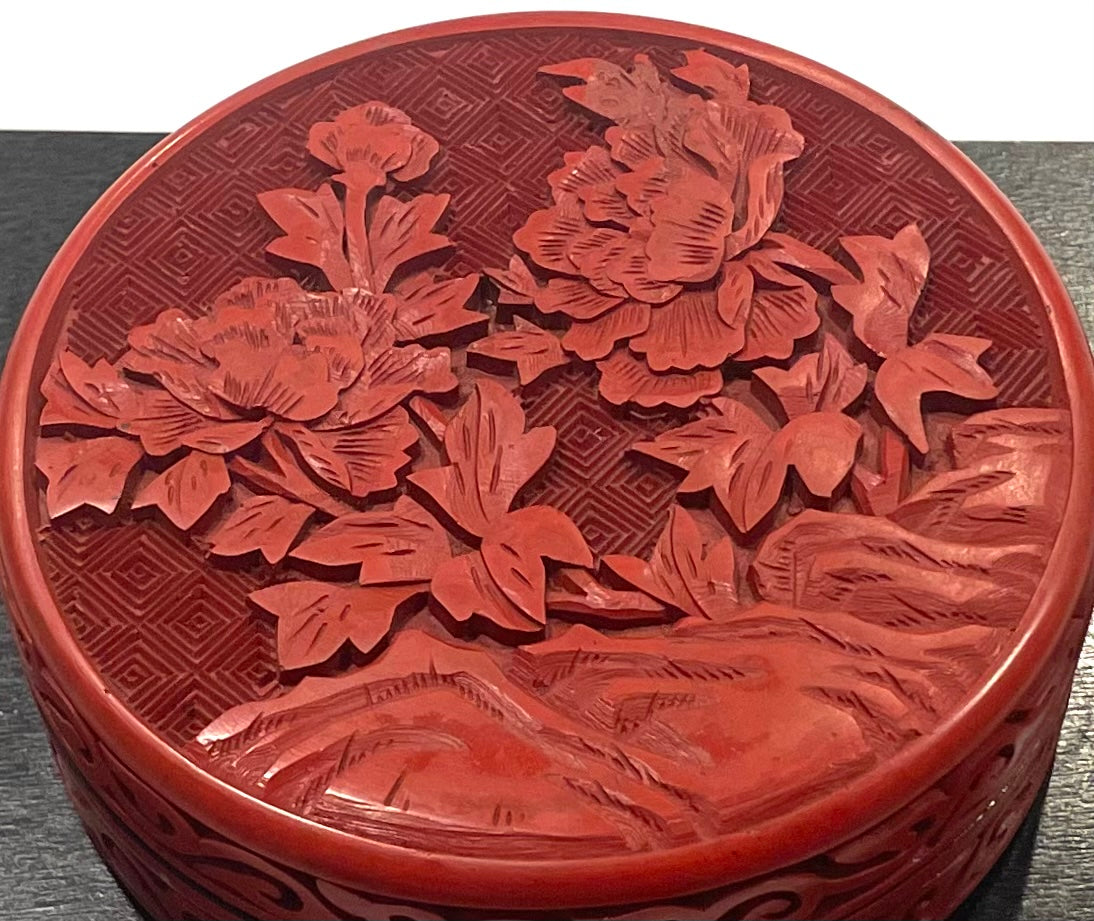 Chinese Red Lacquer Carved Lotus Flowers Decorative Box