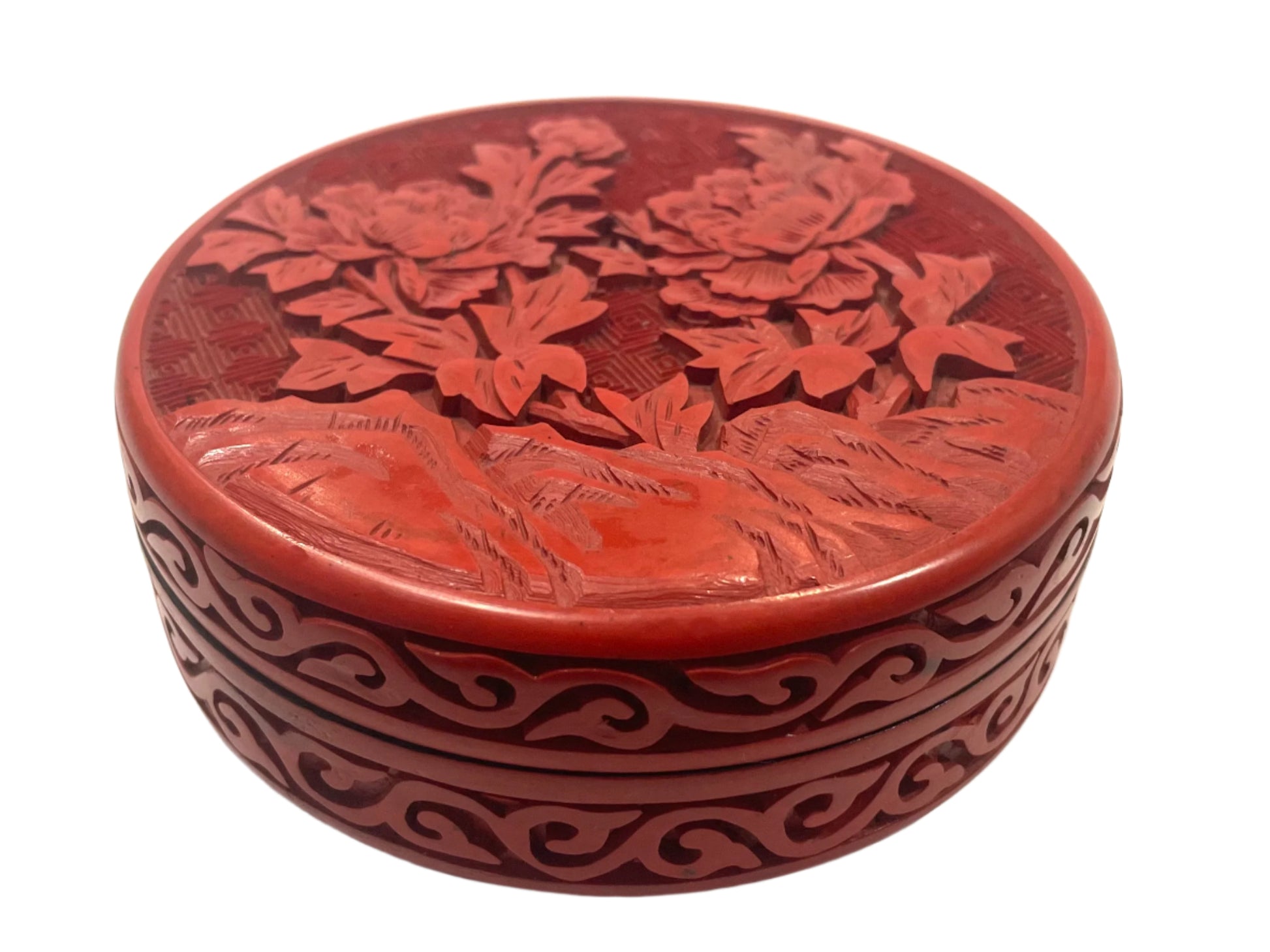 Chinese Red Lacquer Carved Lotus Flowers Decorative Box