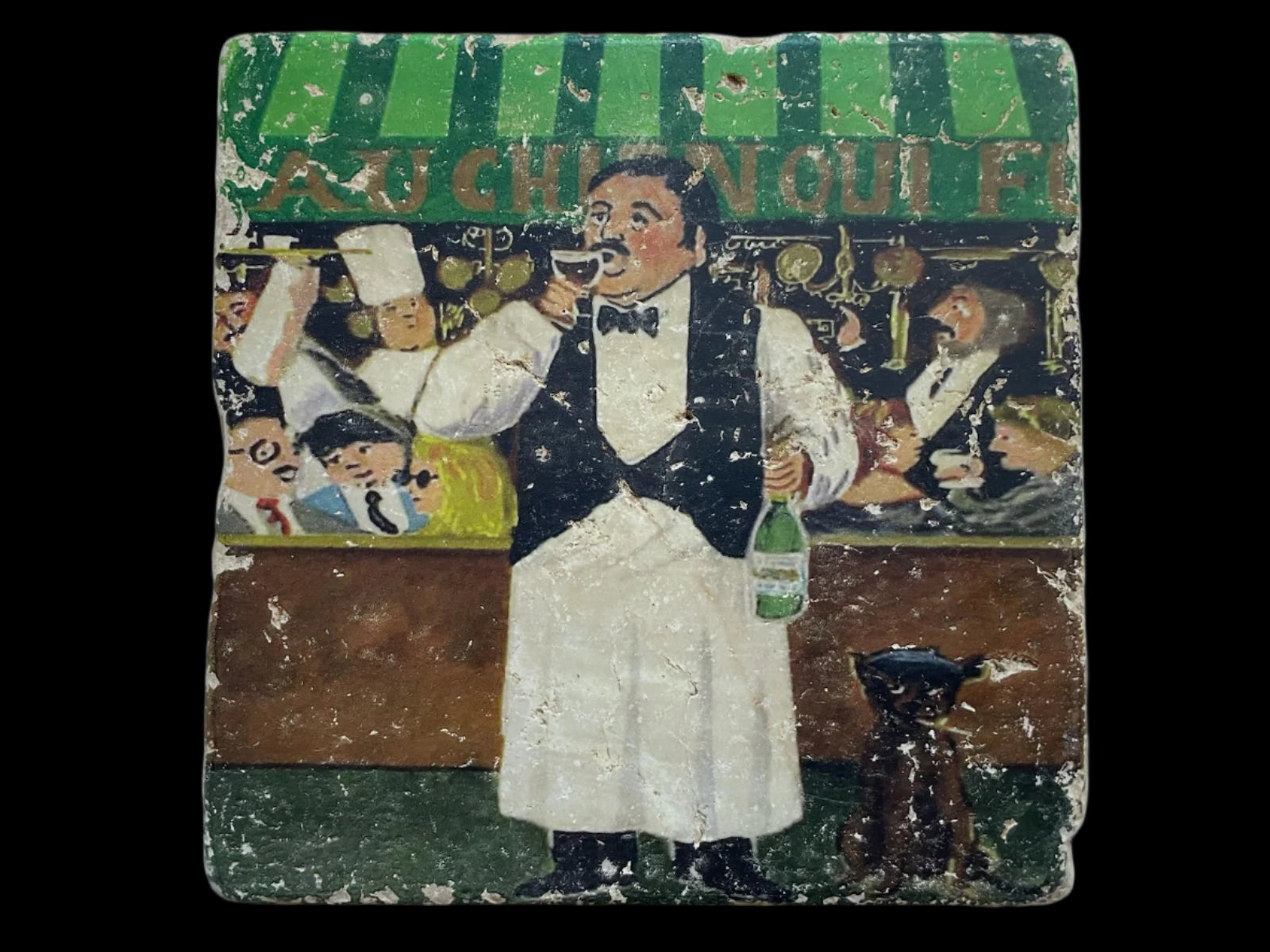 Vintage ceramic tile with a waiter holding a bottle, attribute Guy Bufett 