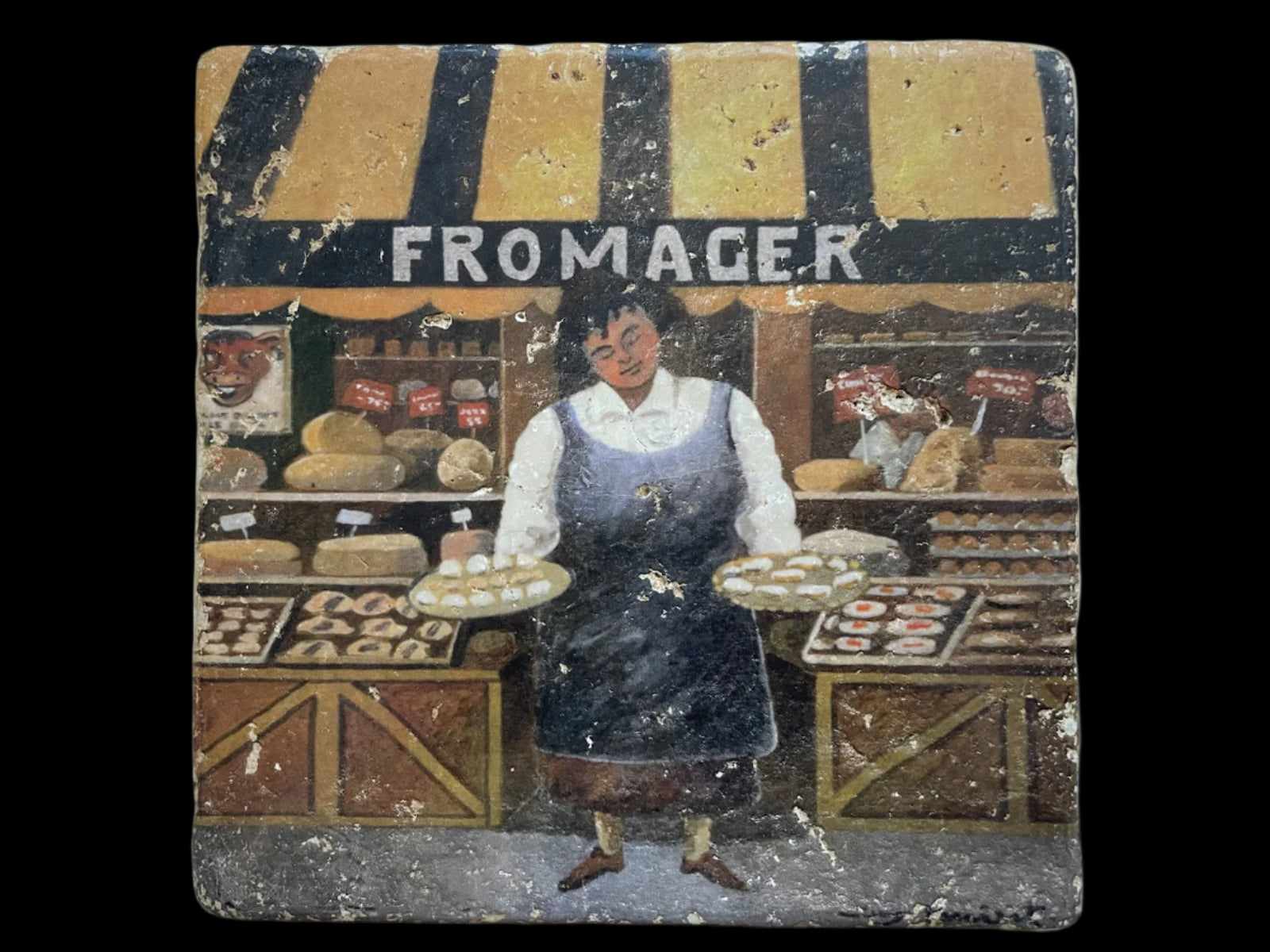Decorative tile with a woman in an apron and 'Fromager' sign  attribute to Guy Bufett  