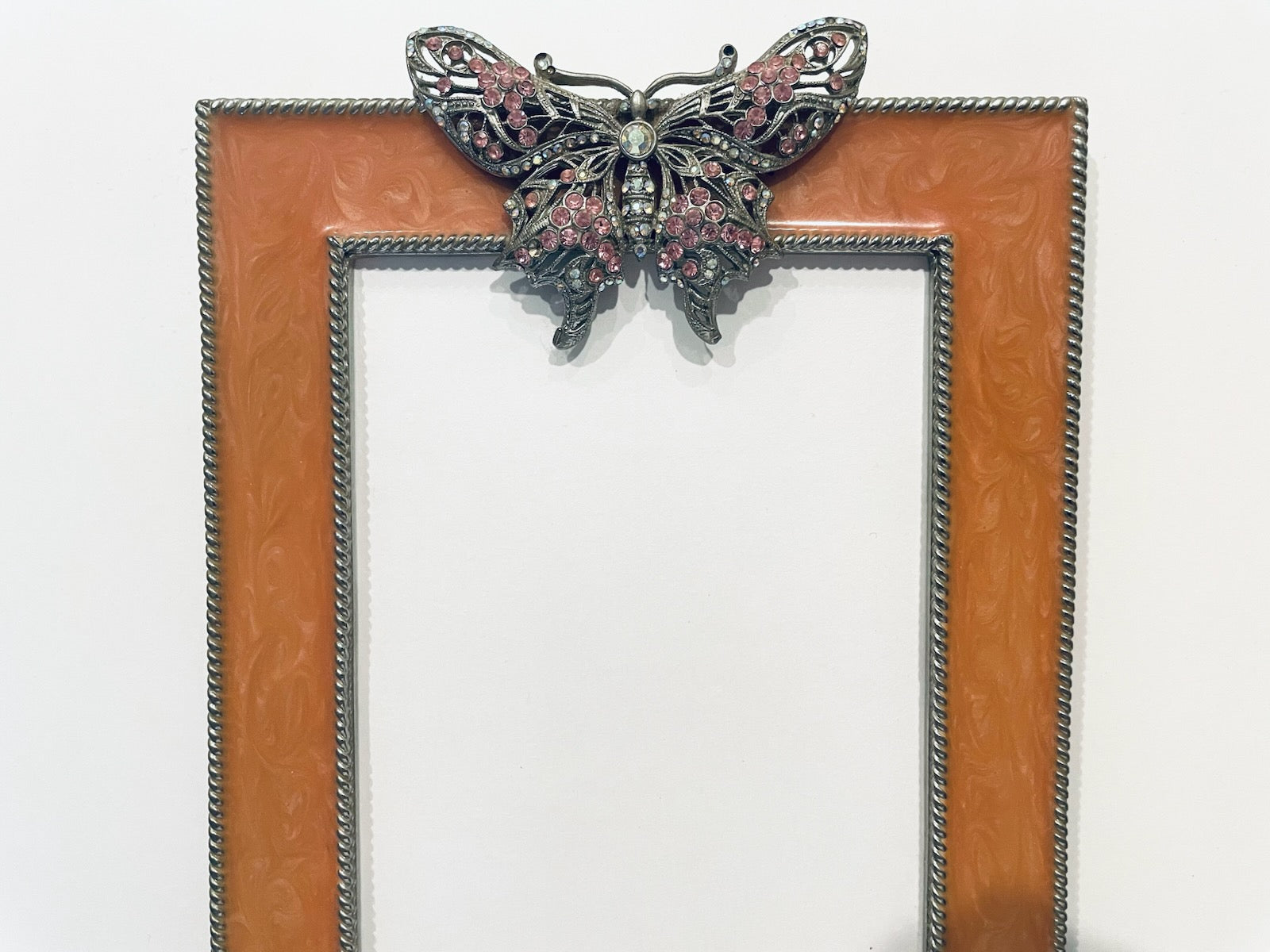 Decorative butterfly on a picture frame with metal accents