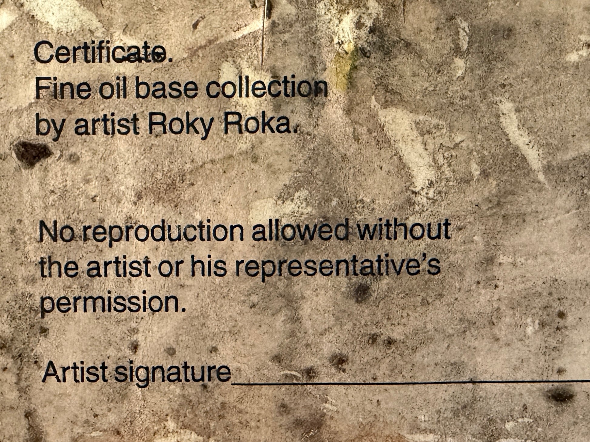 Text on a textured background indicating a fine oil base collection by artist Roky Roka with copyright notice.