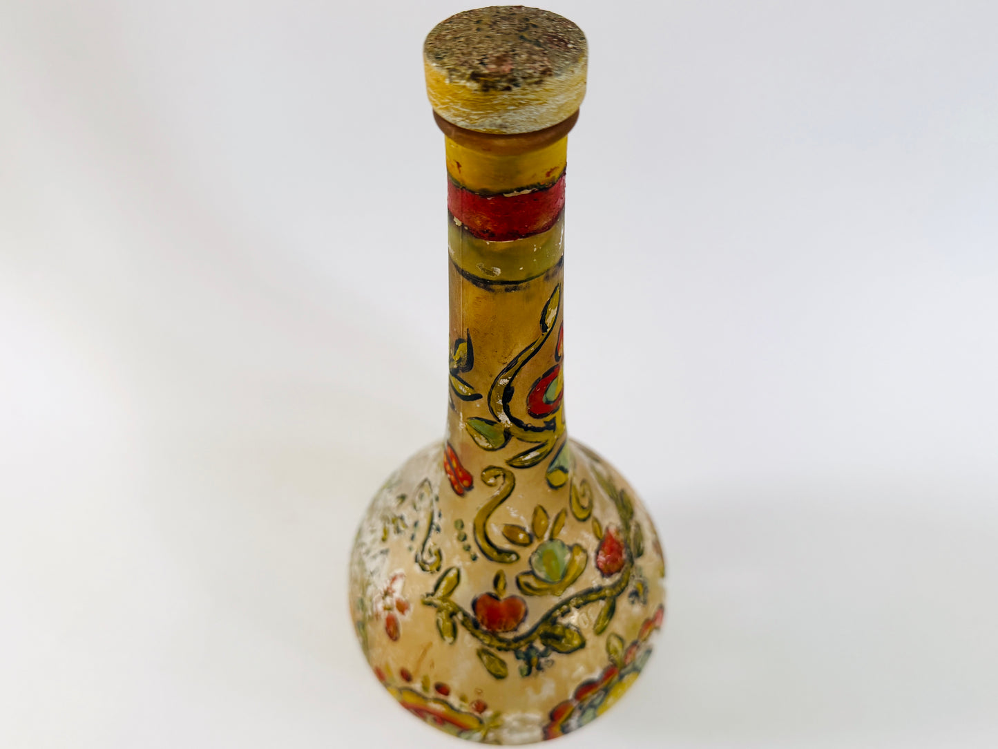 Hand Painted Vintage Floral Glass Italian Wine Decanter With Metal Cap 
