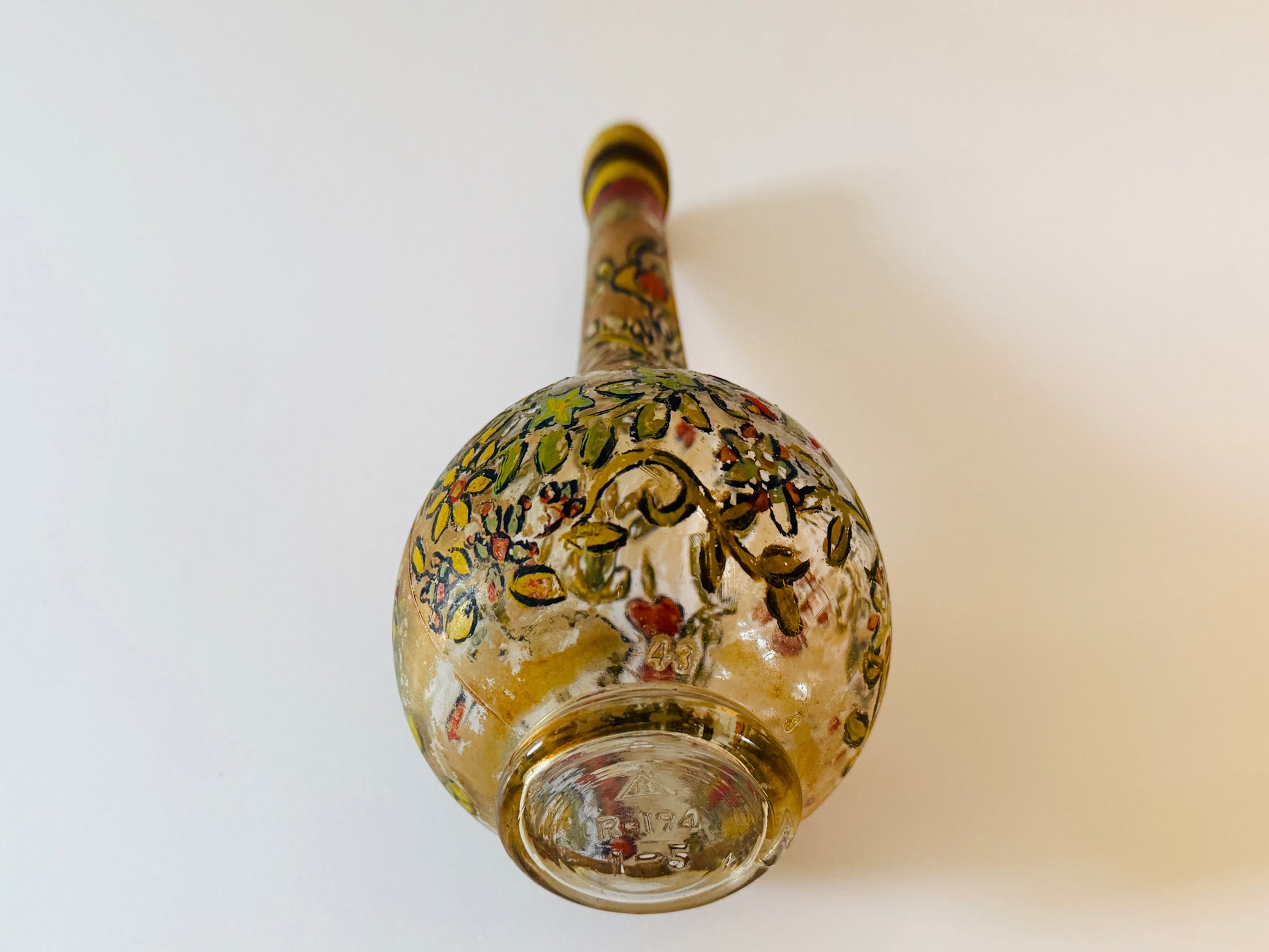 Hand Painted Vintage Floral Glass Italian Wine Decanter With Metal Cap 