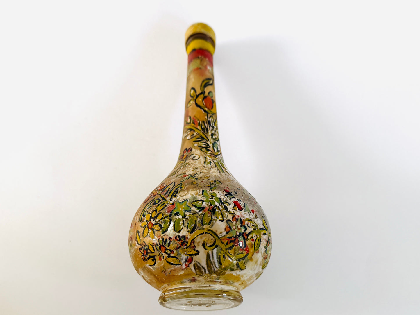 Hand Painted Vintage Floral Glass Italian Wine Decanter With Metal Cap 