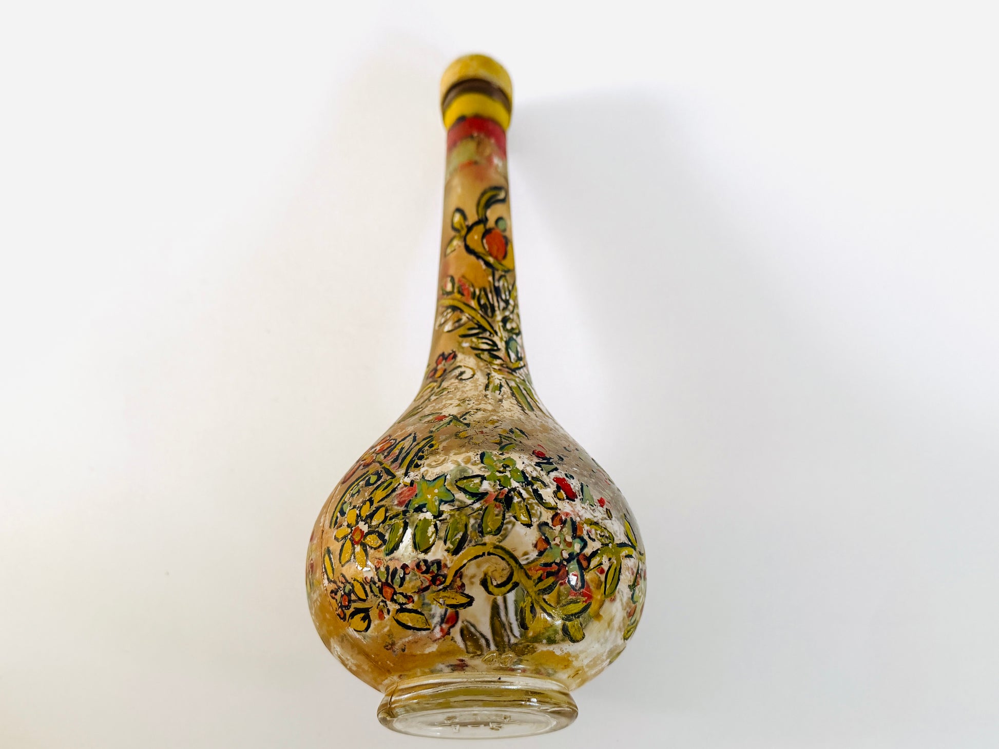 Hand Painted Vintage Floral Glass Italian Wine Decanter With Metal Cap 