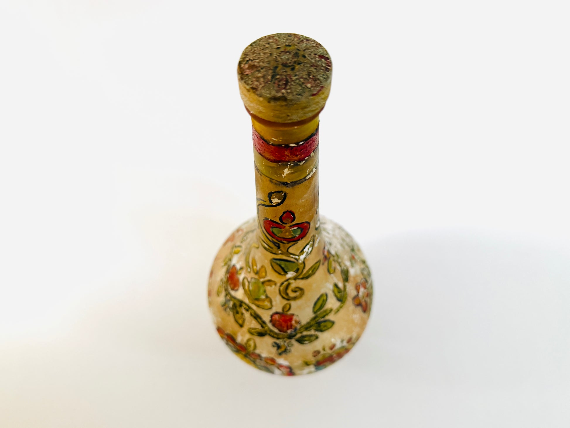 Hand Painted Vintage Floral Glass Italian Wine Decanter With Metal Cap 