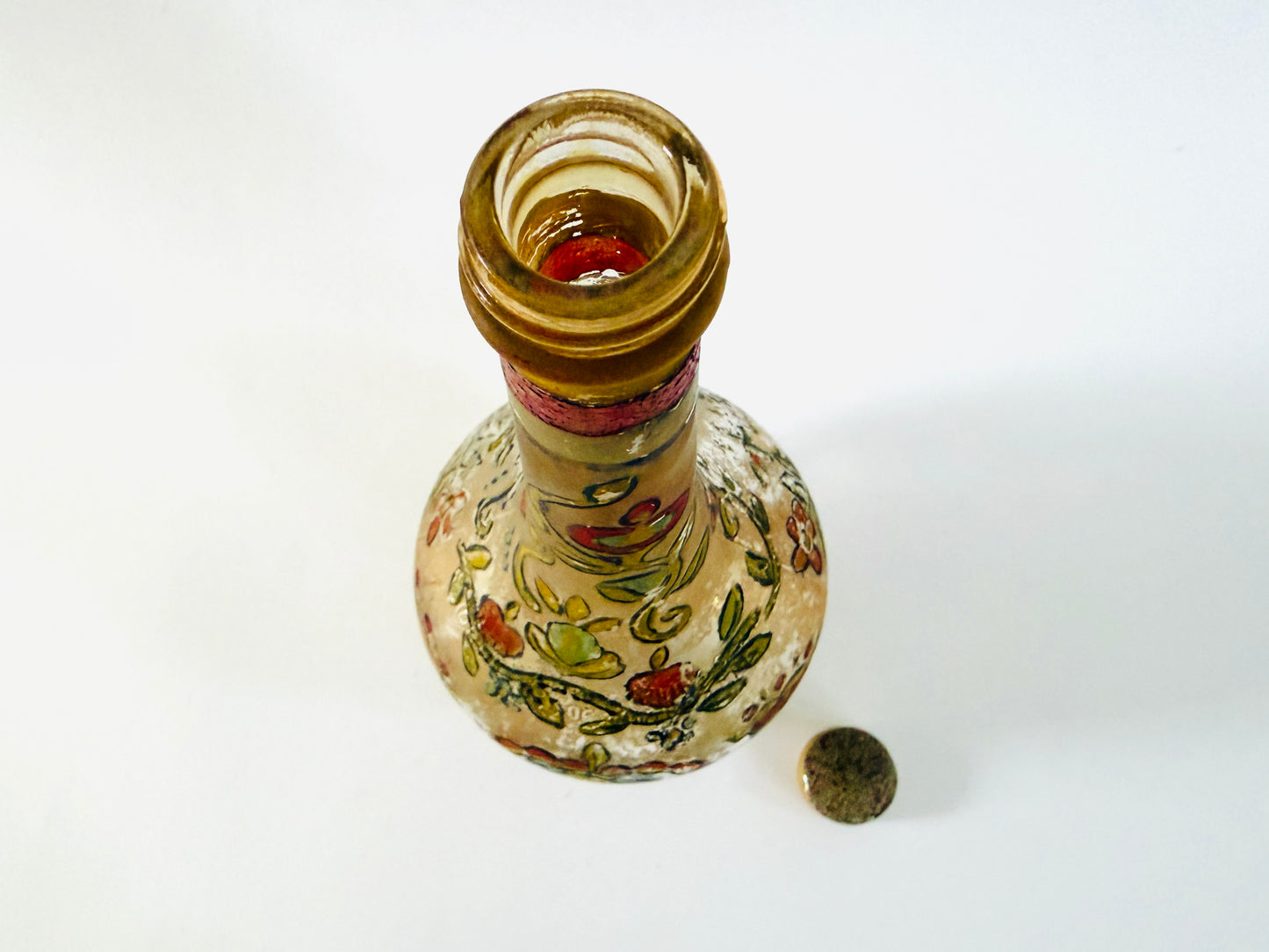 Hand Painted Vintage Floral Glass Italian Wine Decanter With Metal Cap 