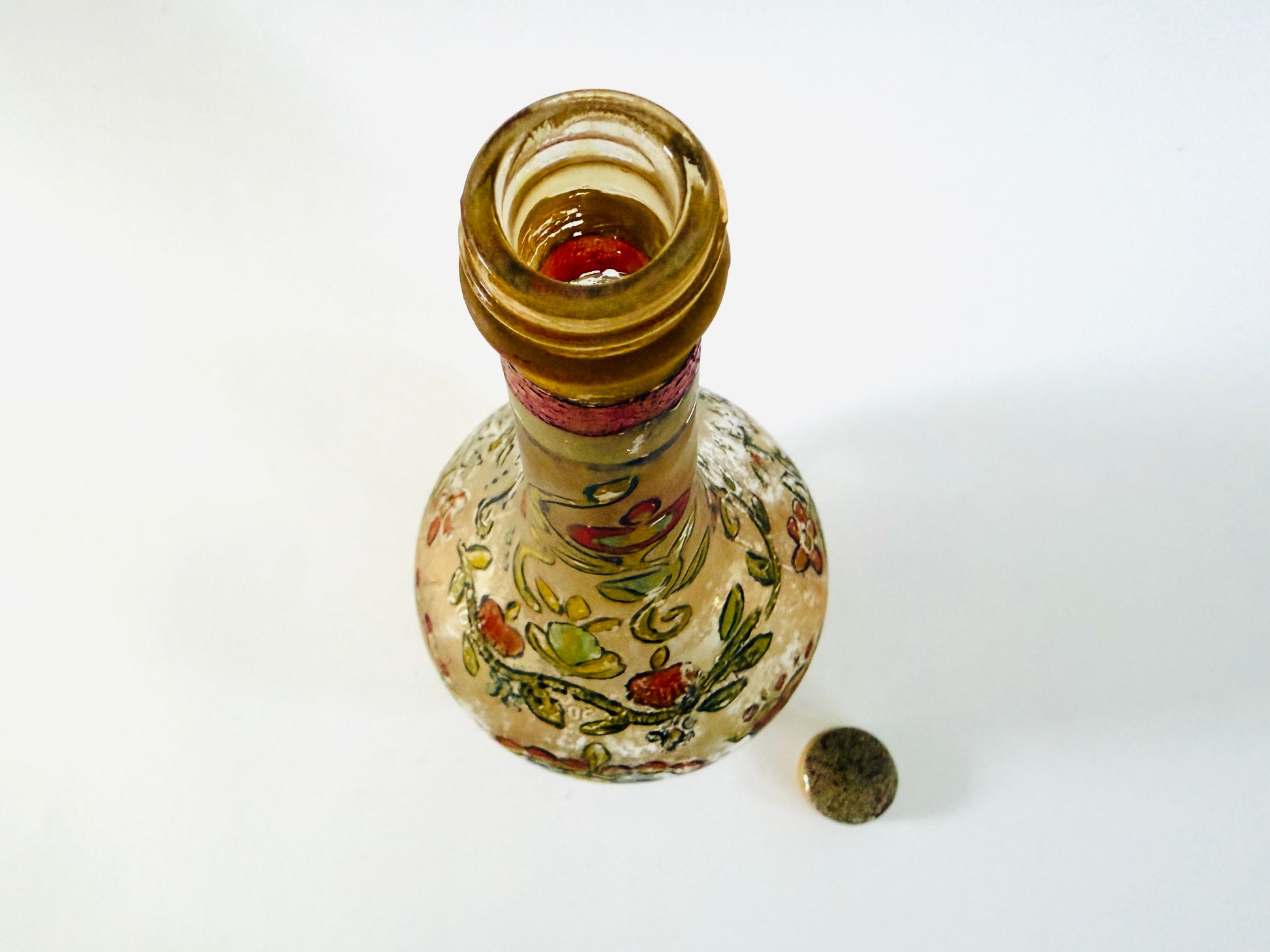Hand Painted Vintage Floral Glass Italian Wine Decanter With Metal Cap 