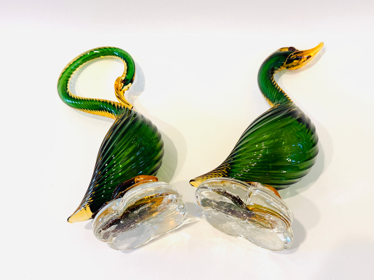 Pair of Mid Century Murano Goose Green and Gold Spiral Glass Sculptures