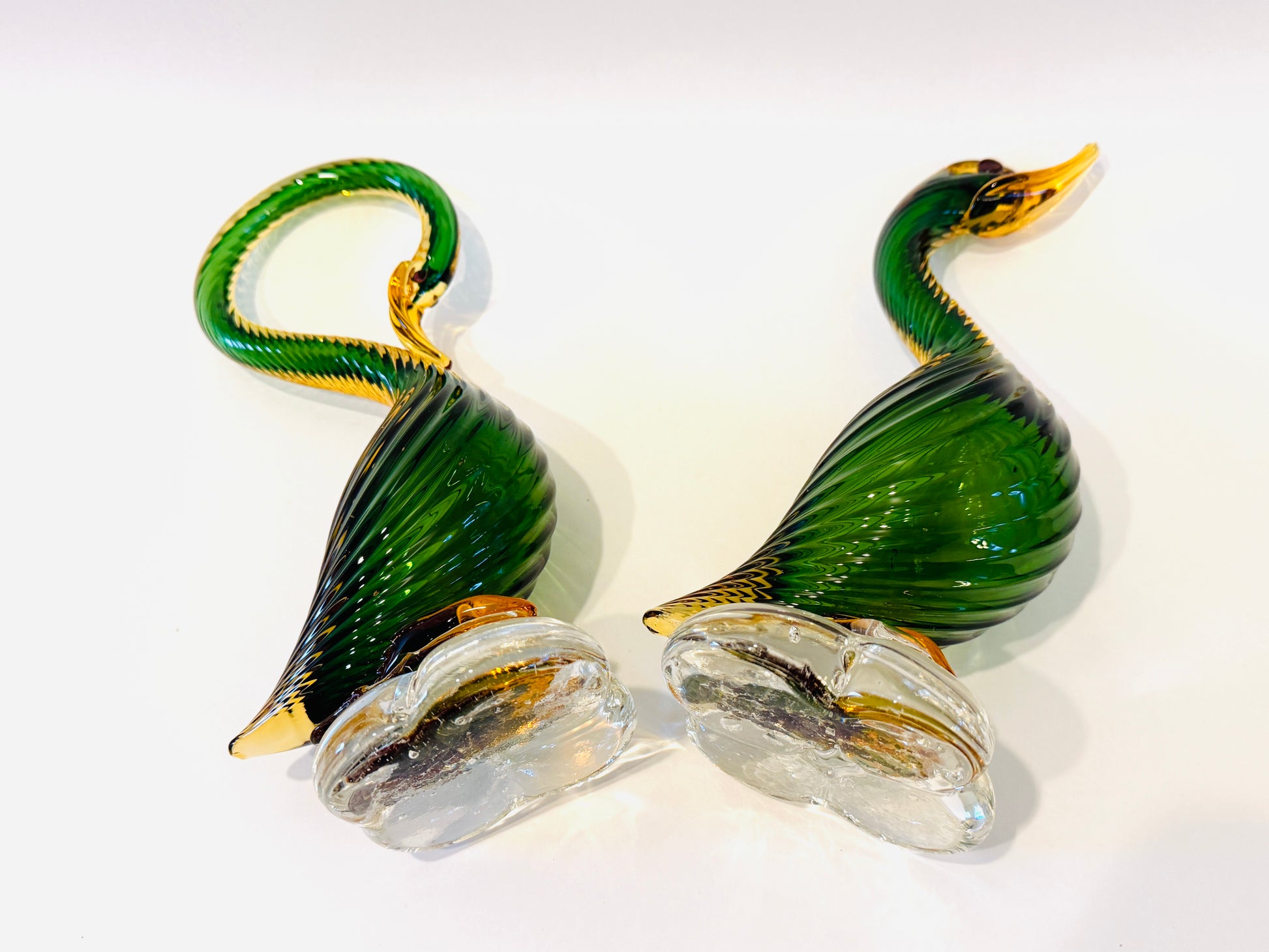Pair of Mid Century Murano Goose Green and Gold Spiral Glass Sculptures