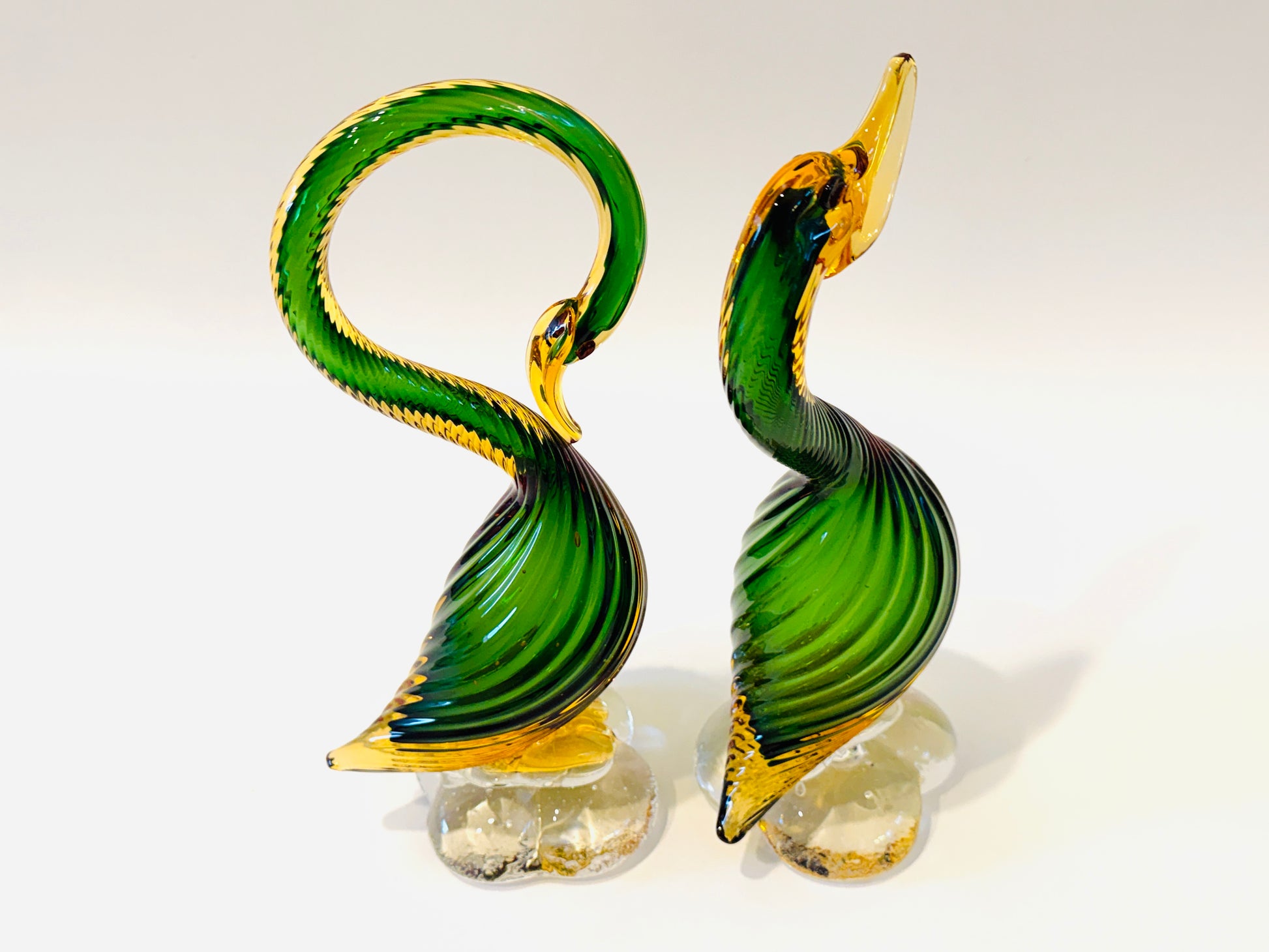 Pair of Mid Century Murano Goose Green and Gold Spiral Glass Sculptures
