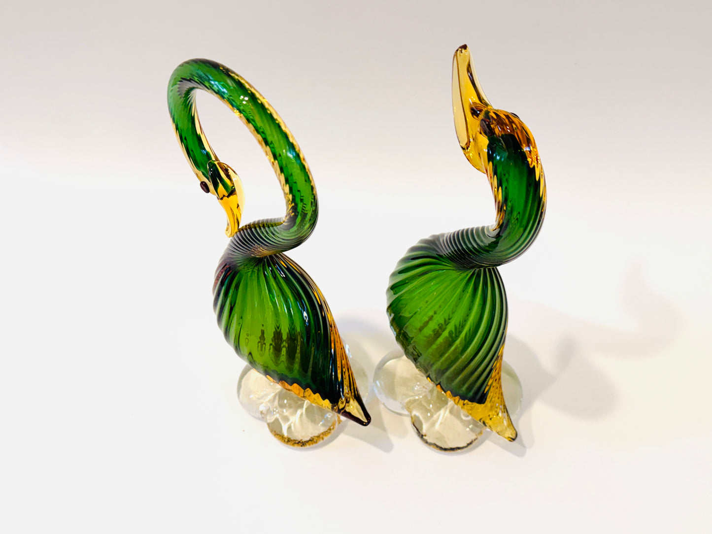 Pair of Mid Century Murano Goose Green and Gold Spiral Glass Sculptures