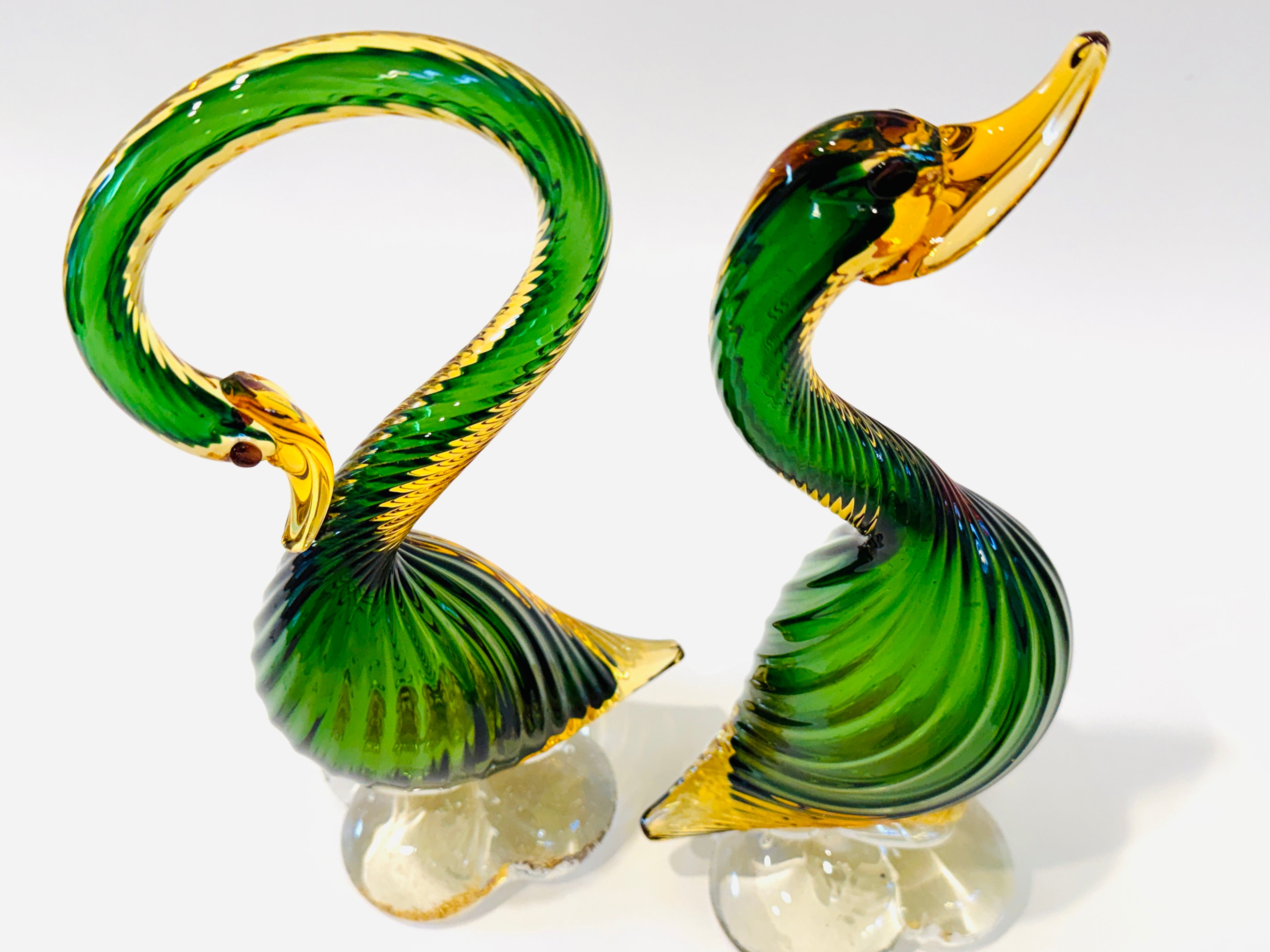 Pair of Mid Century Murano Goose Green and Gold Spiral Glass Sculptures